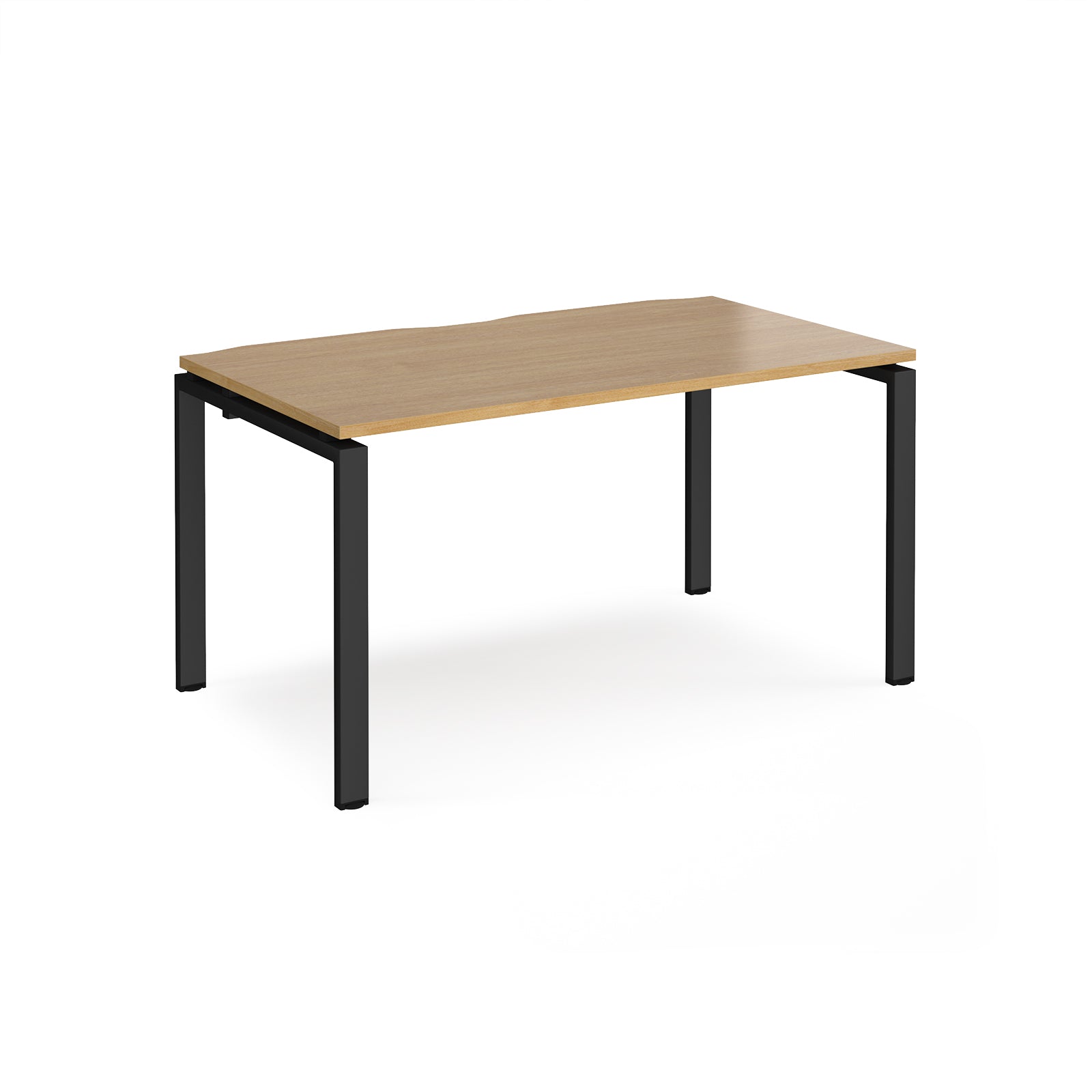 Rectangular desk with wood-effect top and black metal frame on a white background