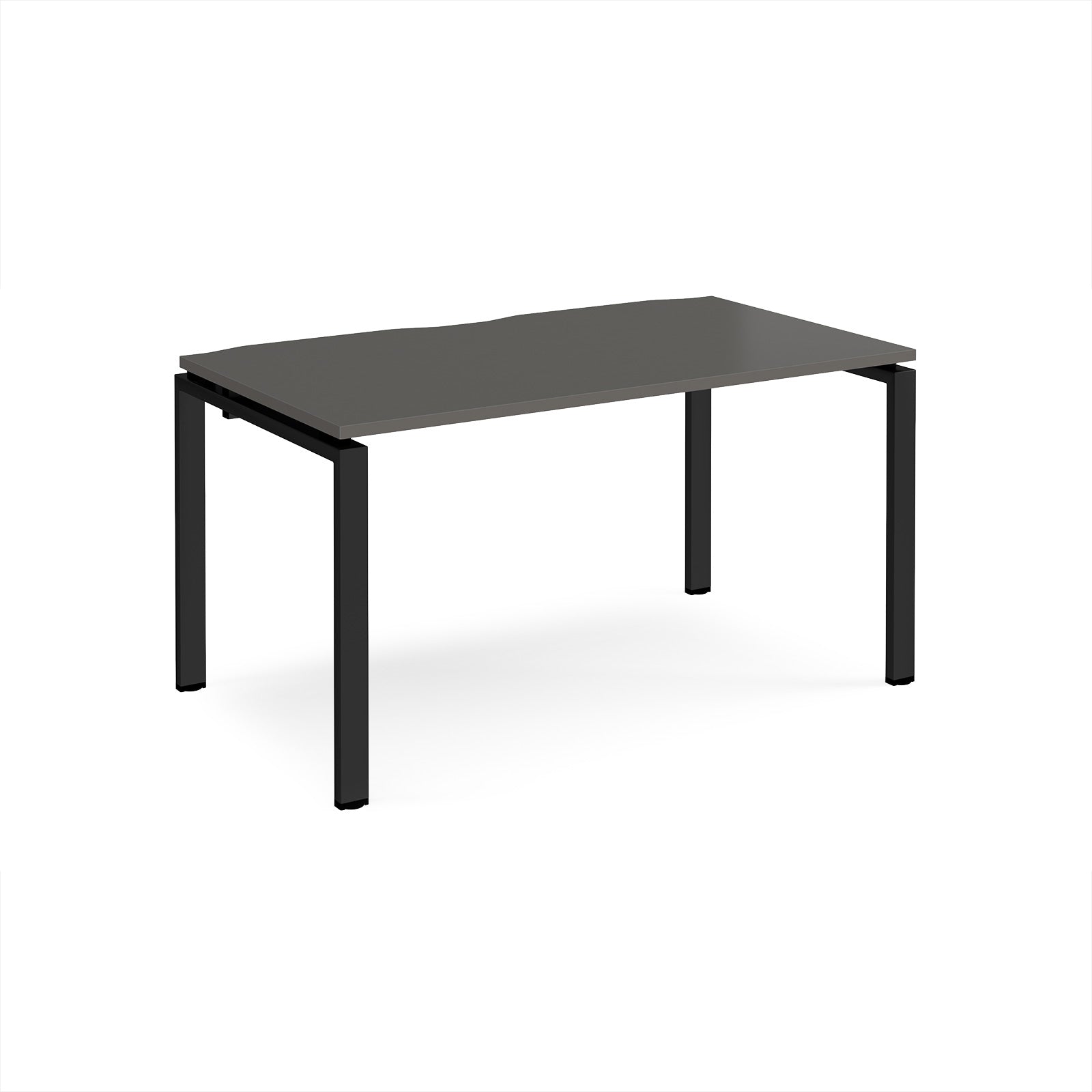 Rectangular desk with grey top and black metal frame on a white background