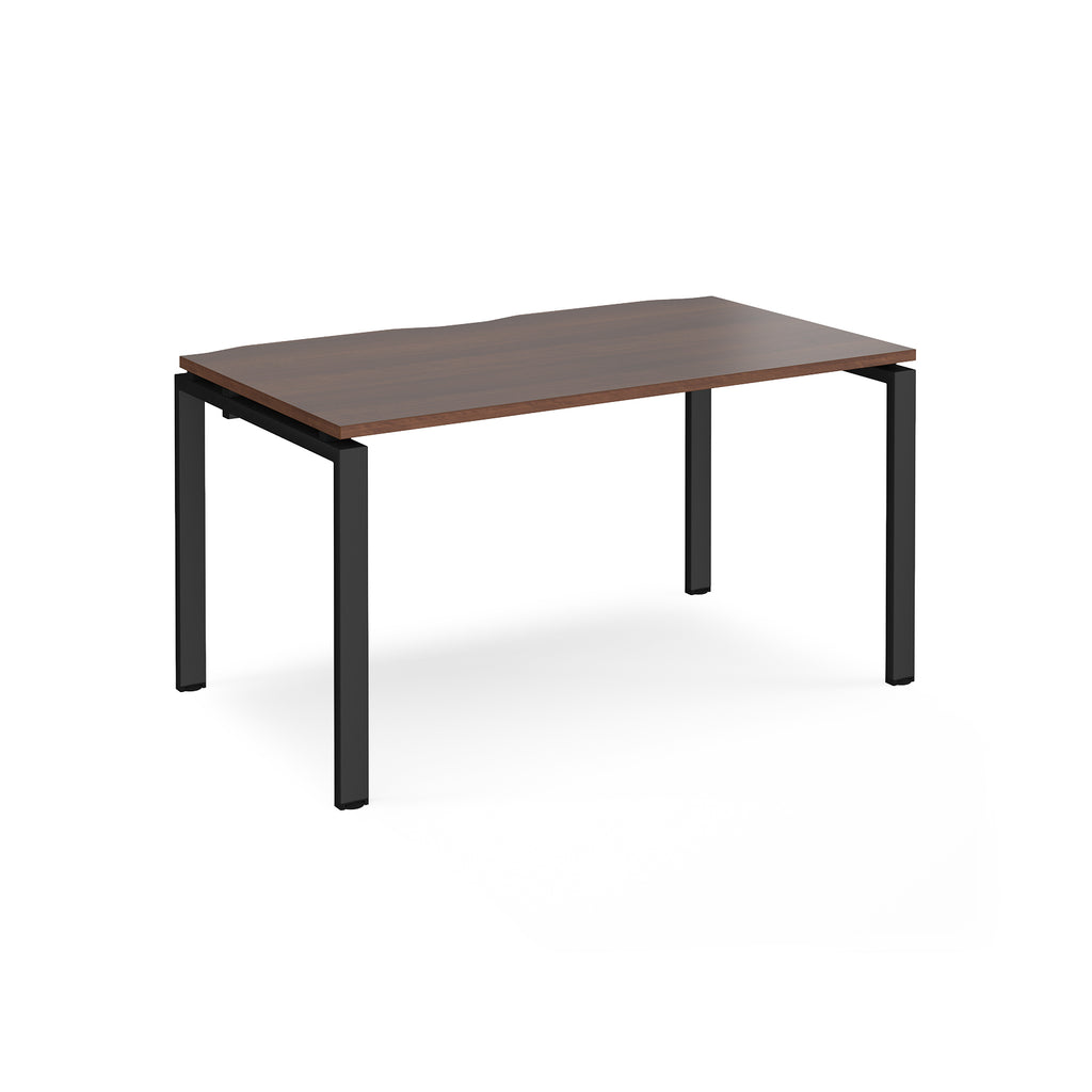 Rectangular desk with wood-effect top and black metal frame on a white background