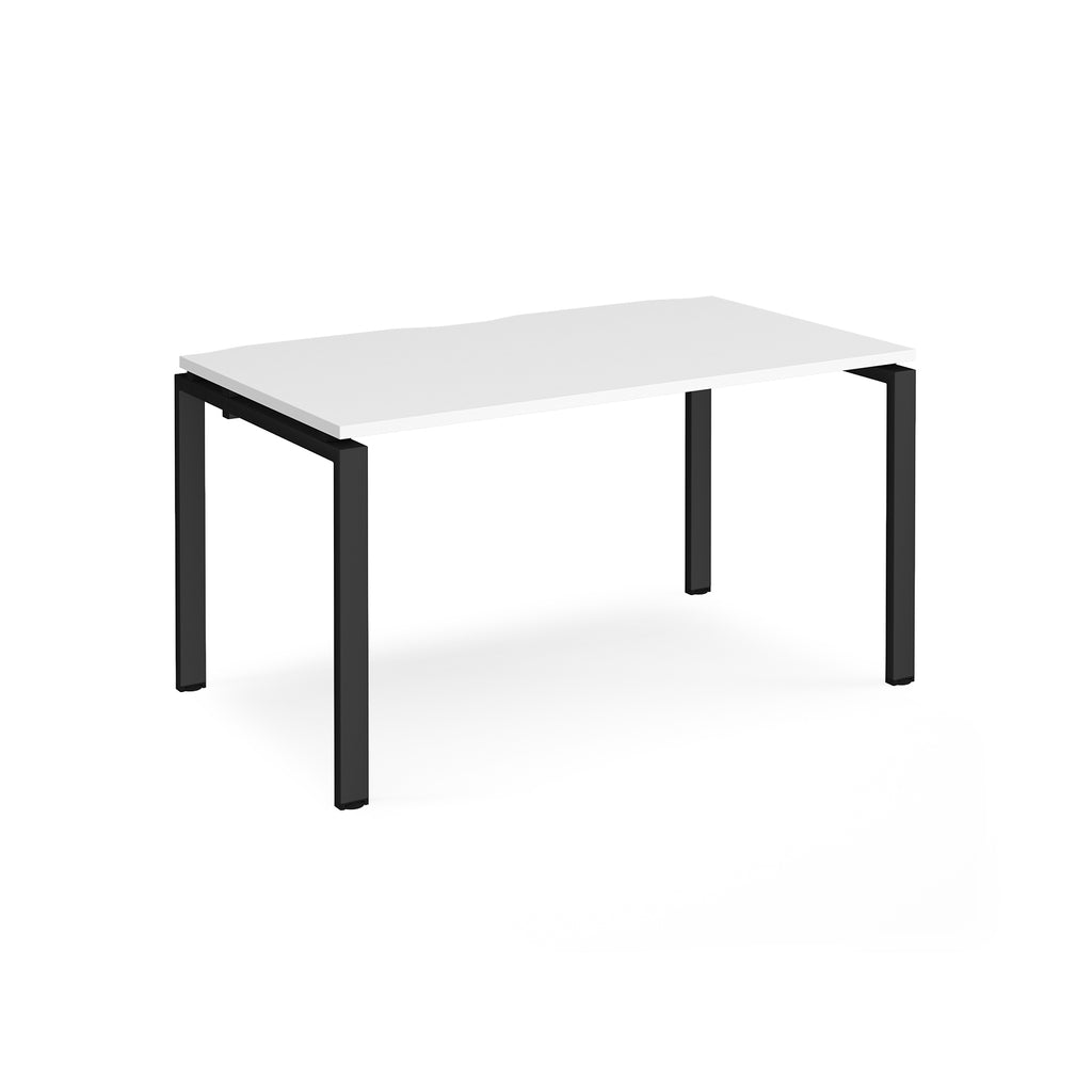 Rectangular desk with white top and black metal frame on a white background