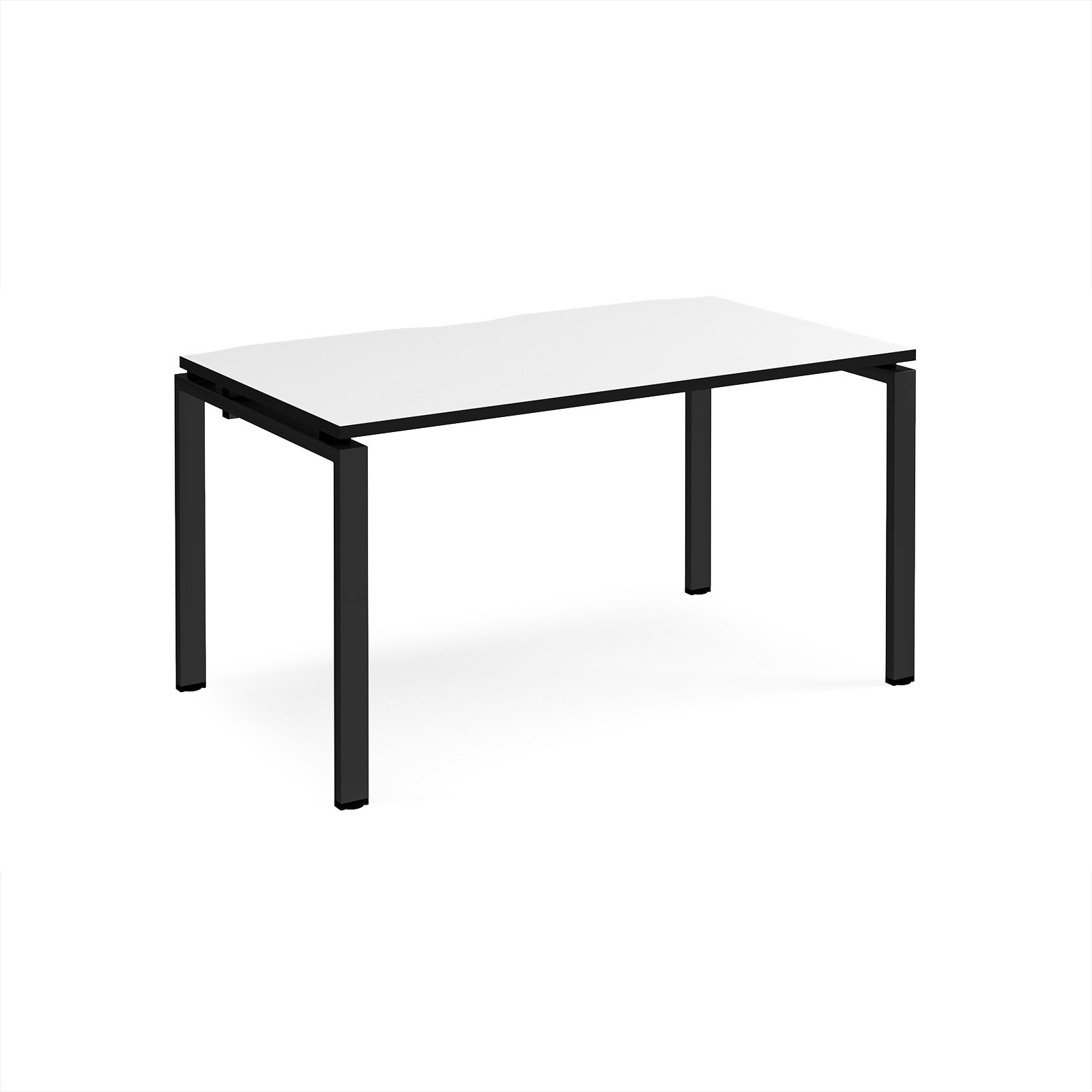 Rectangular desk with white top with black edges and black metal frame on a white background