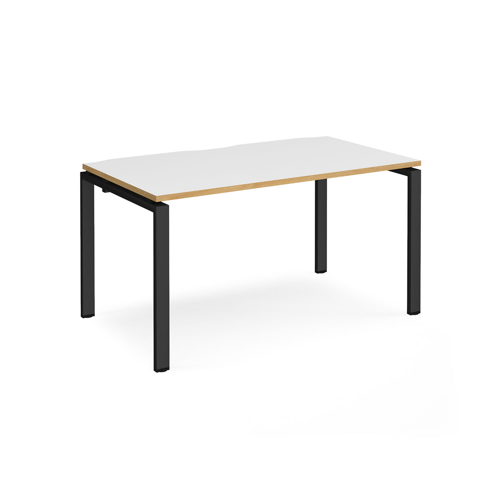 Rectangular desk with white top with wood edges and black metal frame on a white background