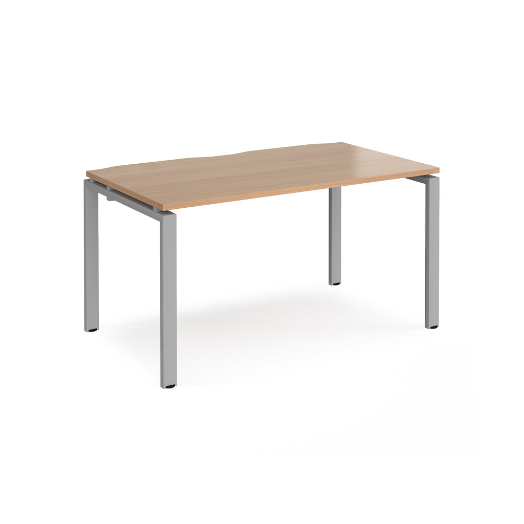 Rectangular desk with wood-effect top and silver metal frame on a white background