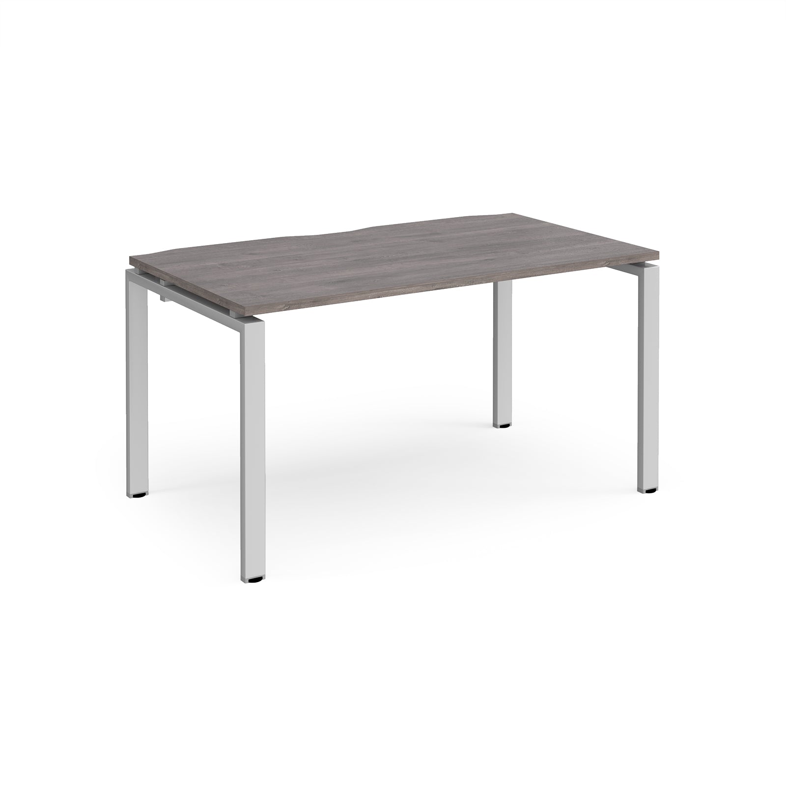 Rectangular desk with grey wood-effect top and silver metal frame on a white background