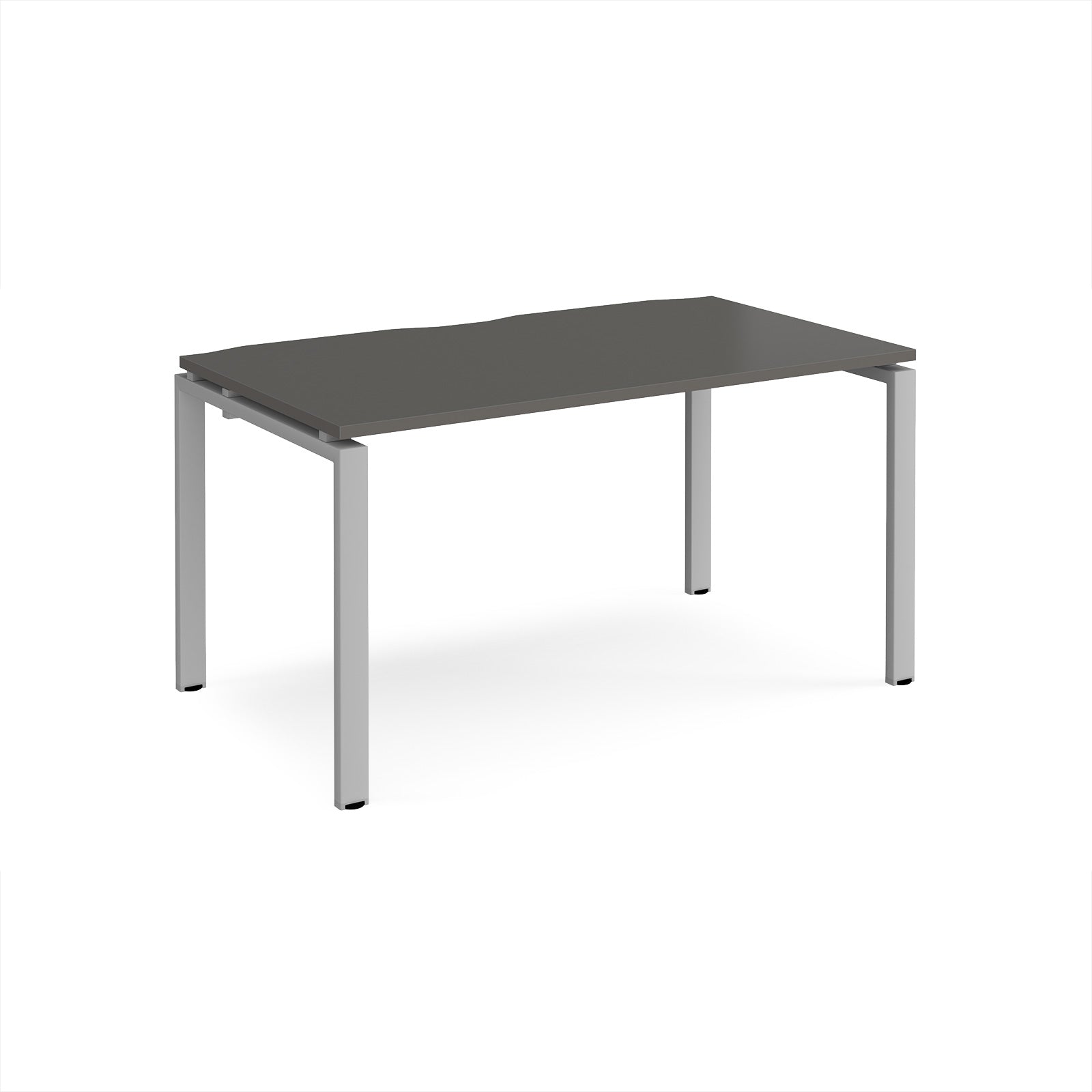 Rectangular desk with grey top and silver metal frame on a white background