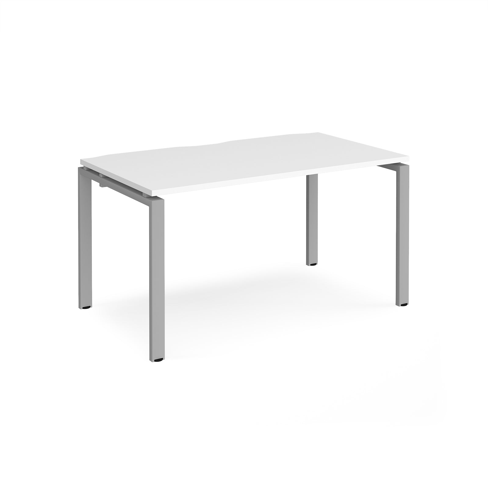 Rectangular desk with white top and silver metal frame on a white background