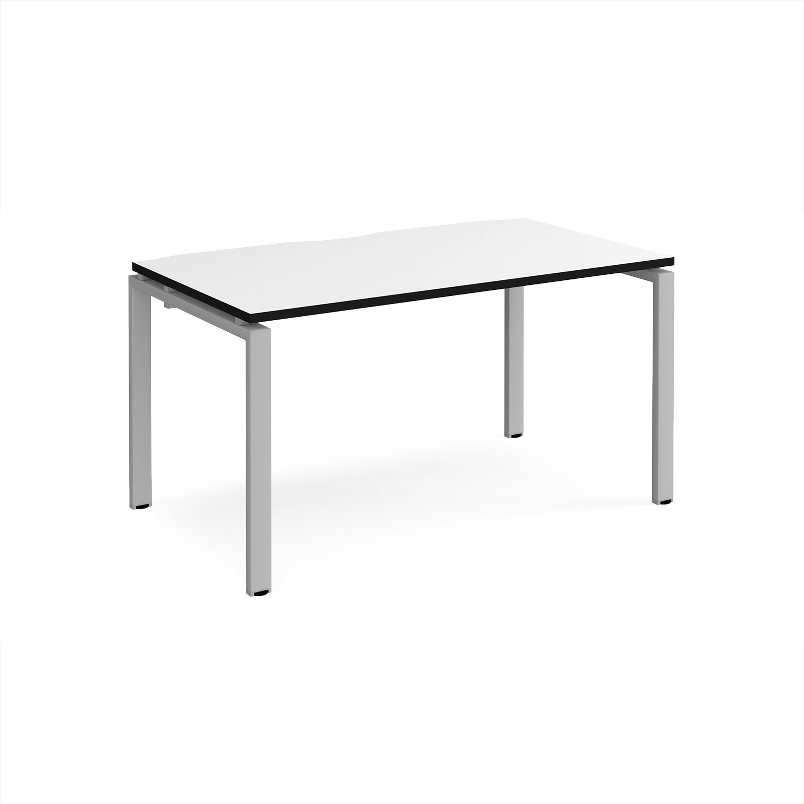 Rectangular desk with white top with black edges and silver metal frame on a white background