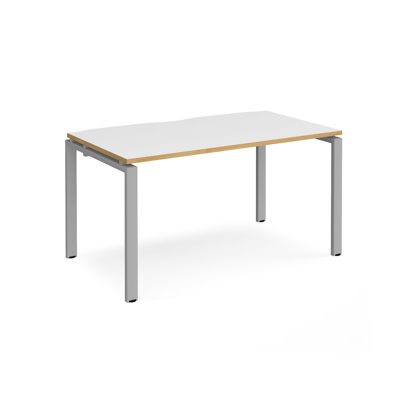 Rectangular desk with white top with wood edges and silver metal frame on a white background