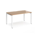 Rectangular desk with wood-effect top and white metal frame on a white background