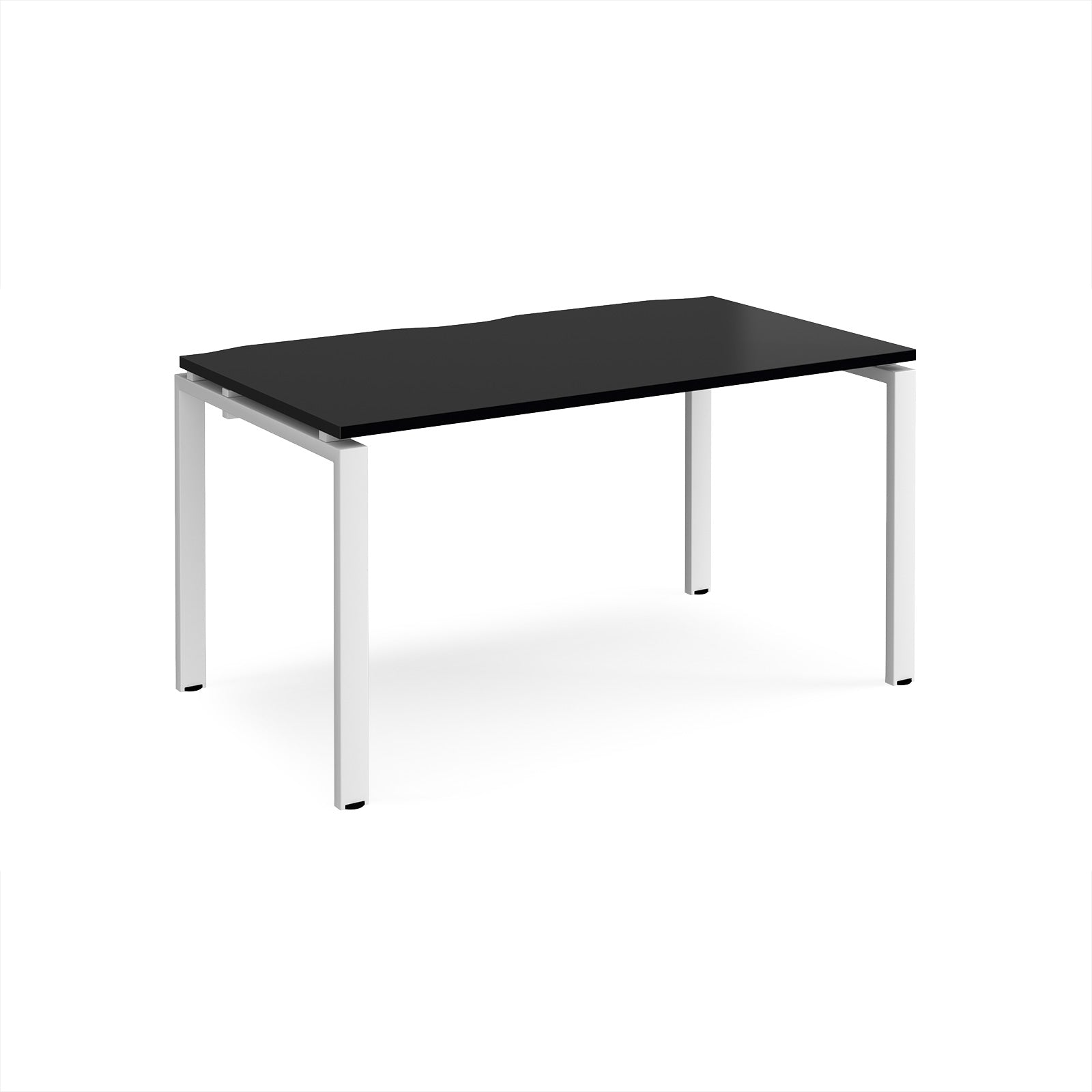 Rectangular desk with black top and white metal frame on a white background
