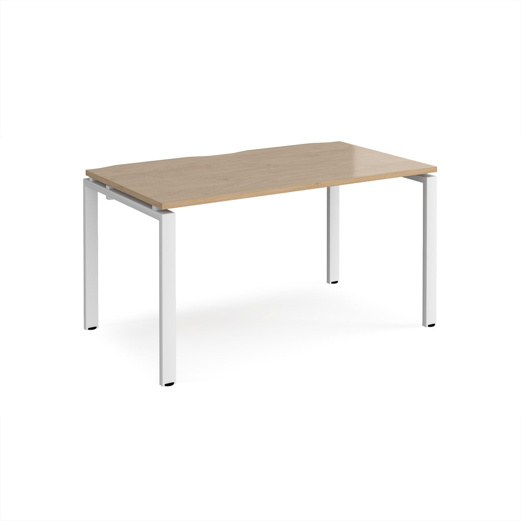 Rectangular desk with wood-effect top and white metal frame on a white background