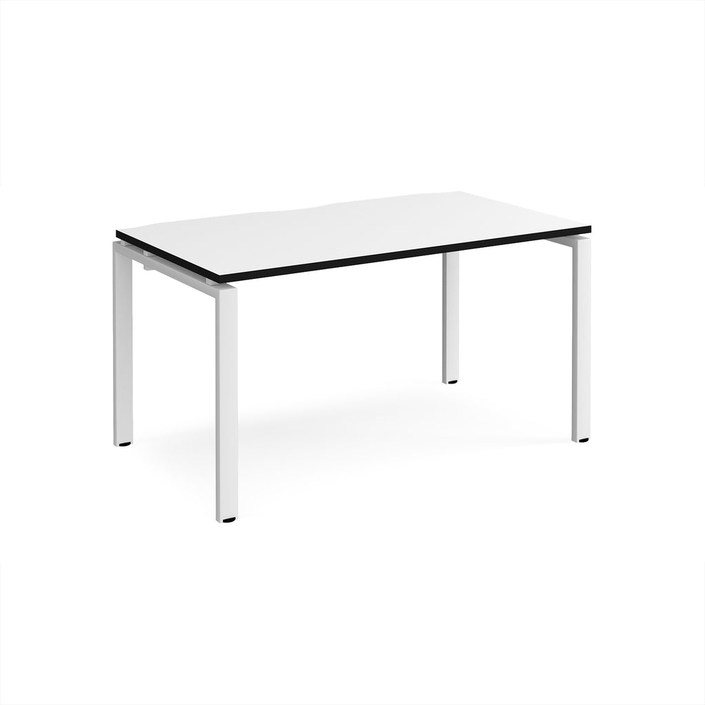 Rectangular desk with white top with black edges and white metal frame on a white background