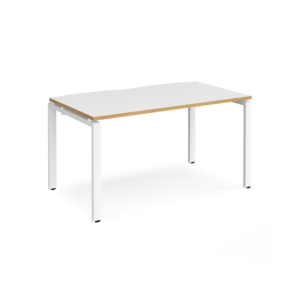Rectangular desk with white top with wood edges and white metal frame on a white background