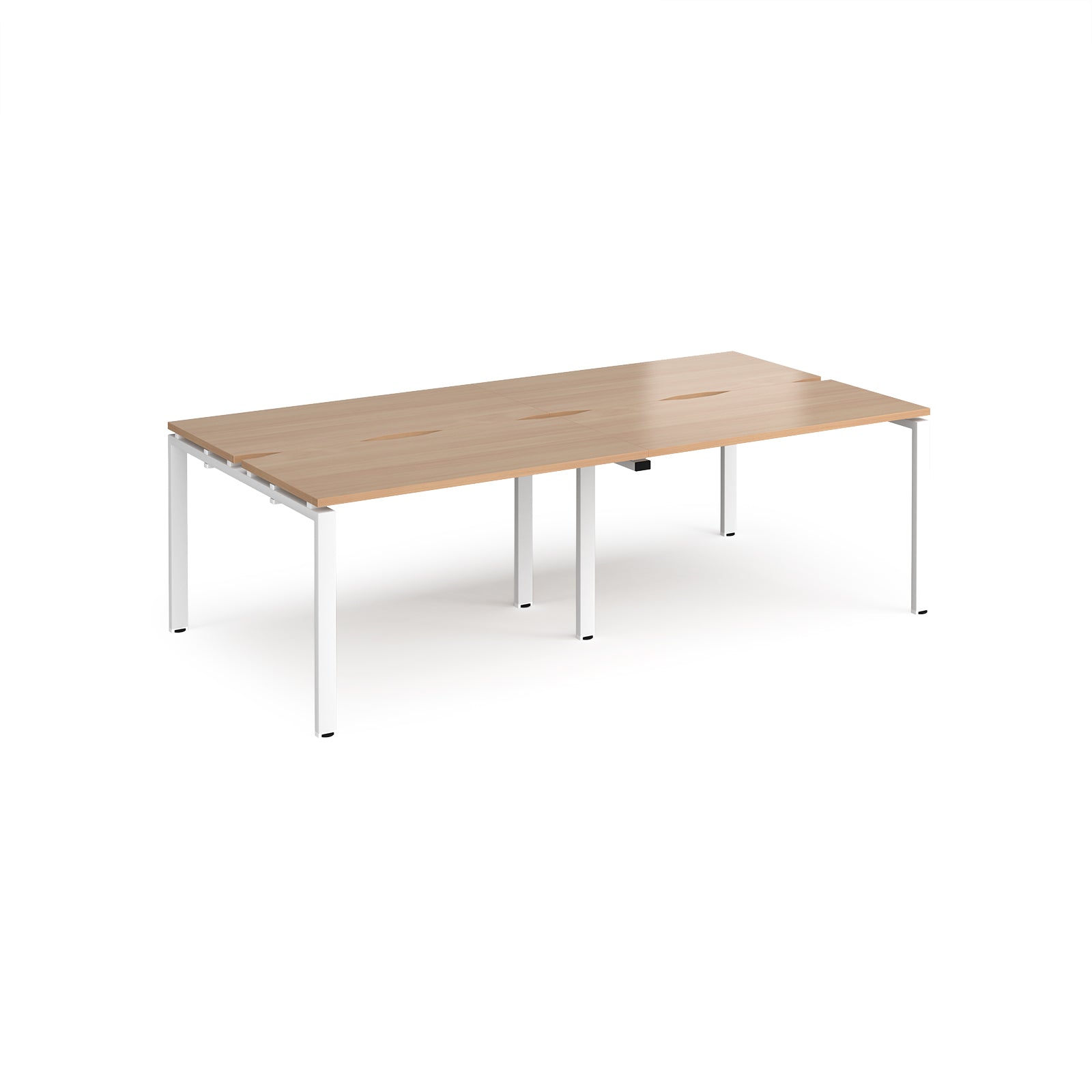 Four back-to-back desks with white tops and white metal frame on a white background