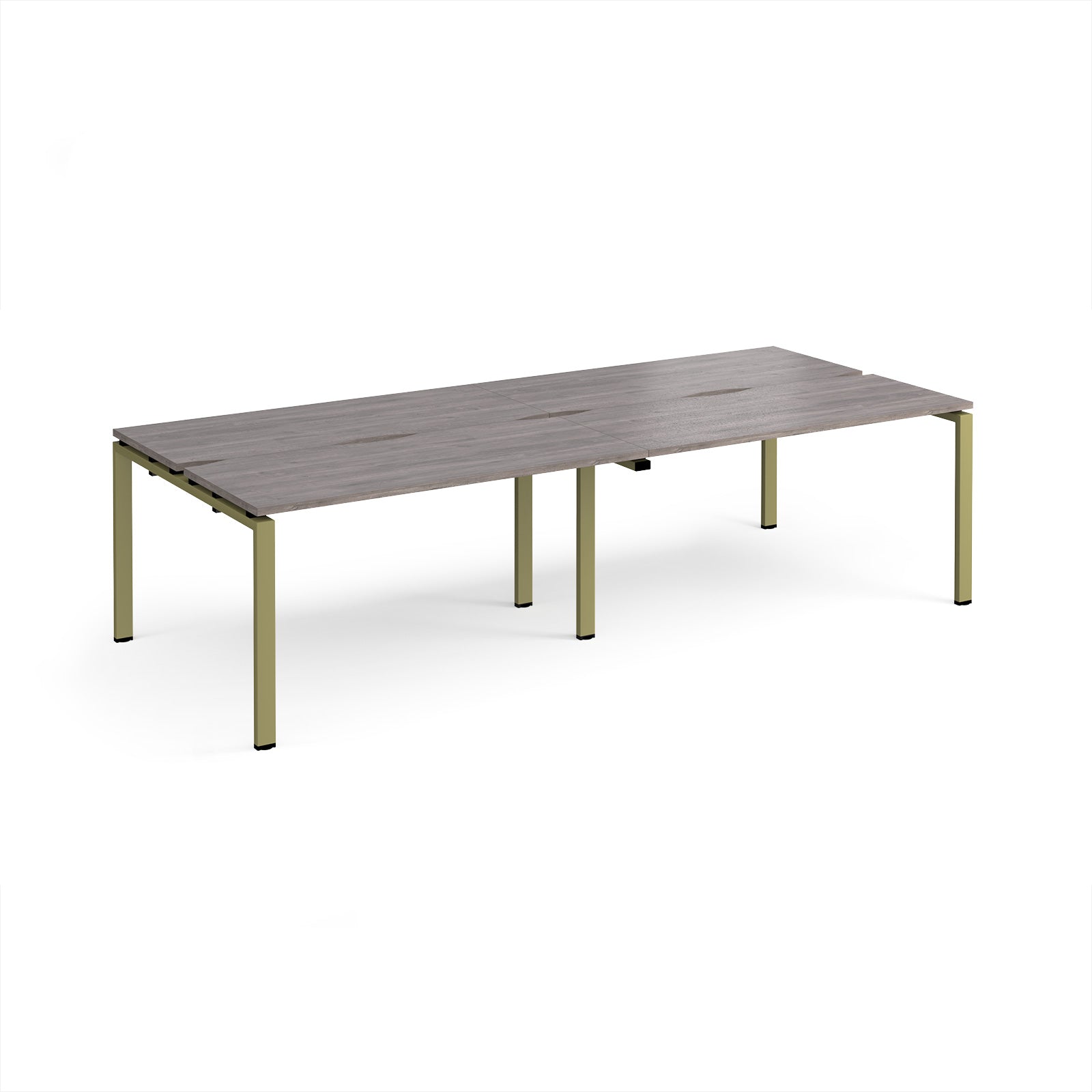Four back-to-back desks with grey wood-effect tops and green metal frame on a white background
