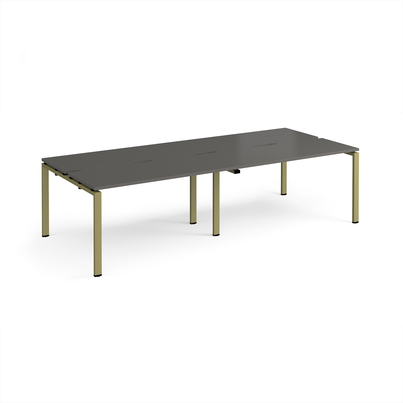 Four back-to-back desks with grey tops and green metal frame on a white background