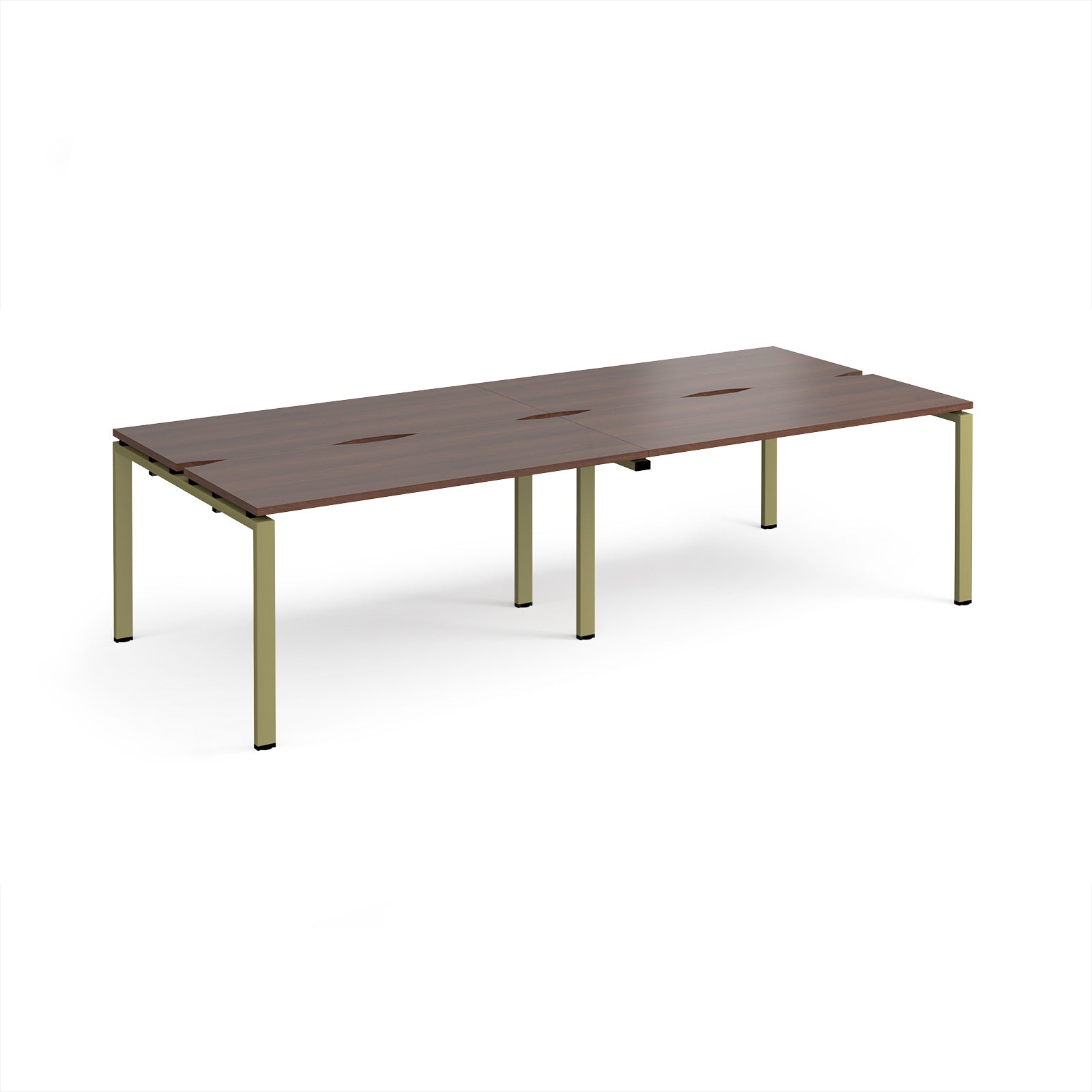 Four back-to-back desks with wood-effect tops and green metal frame on a white background