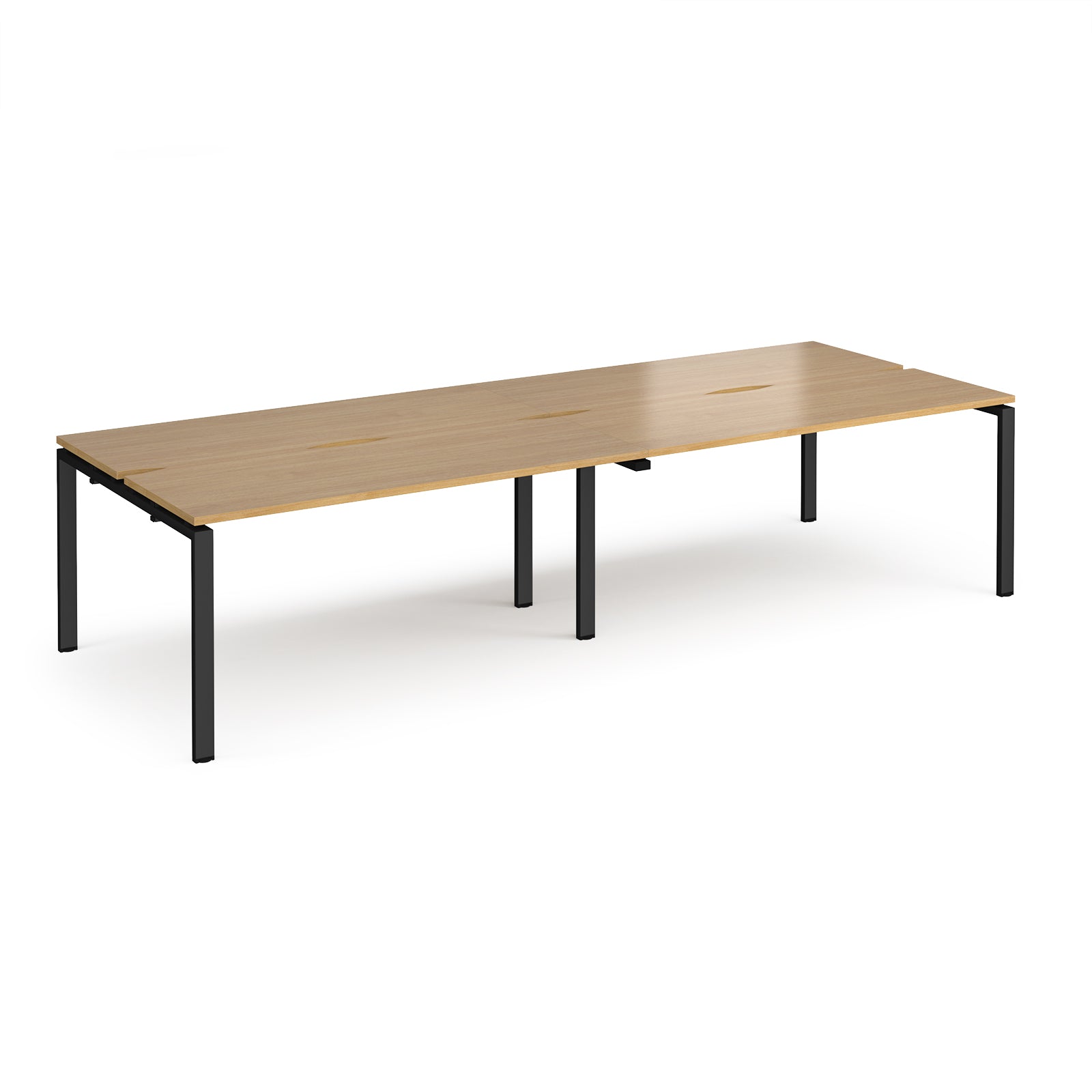 Four back-to-back desks with wood-effect tops and black metal frame on a white background