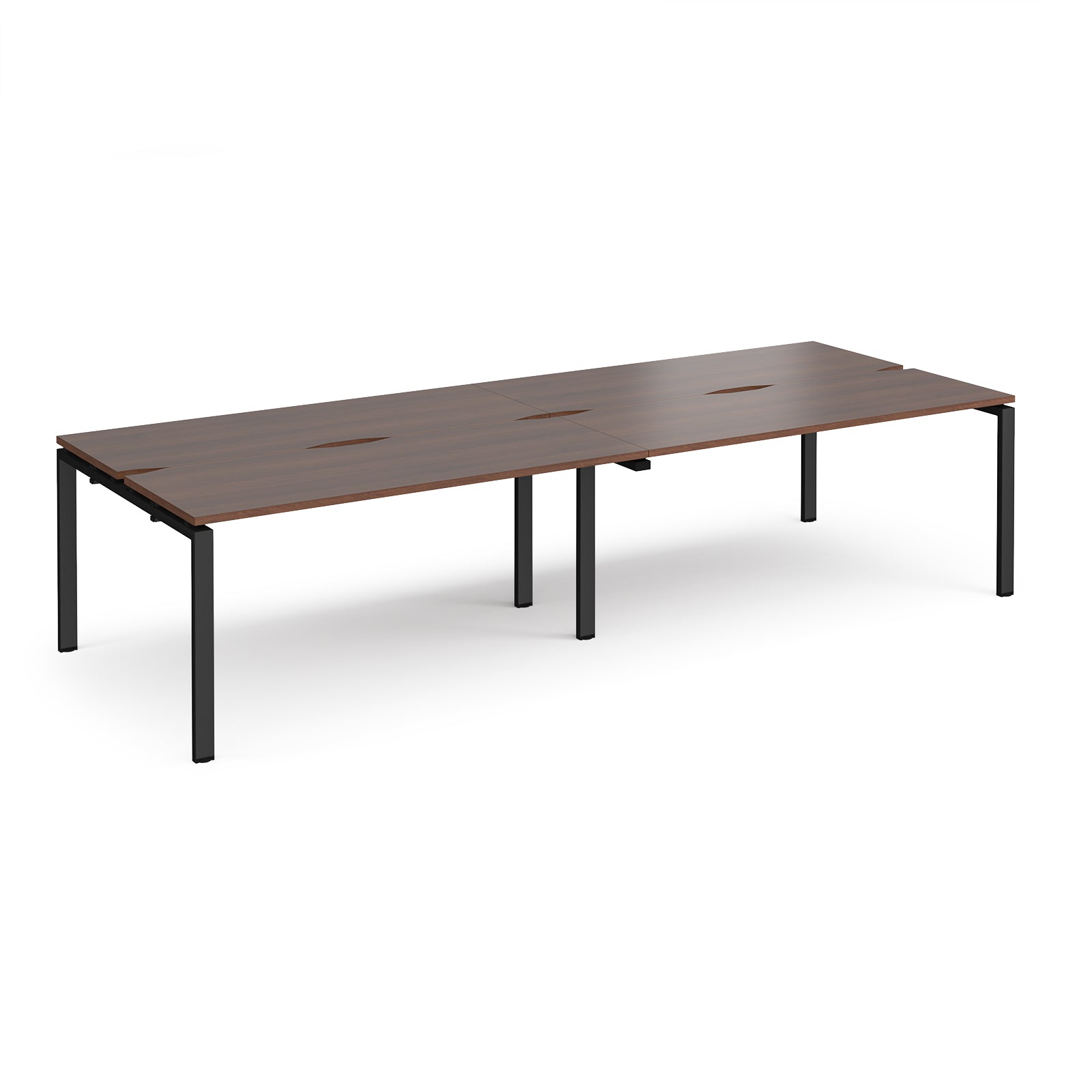 Four back-to-back desks with wood-effect tops and black metal frame on a white background