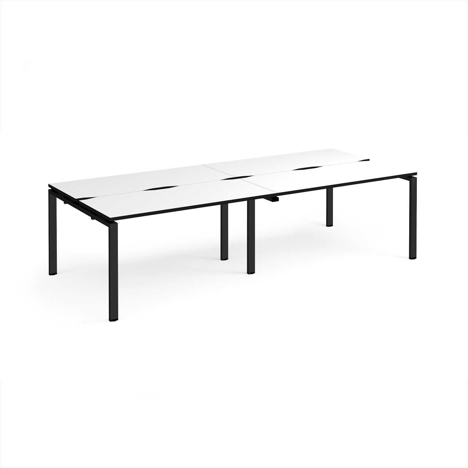 Four back-to-back desks with white tops with black edges and black metal frame on a white background