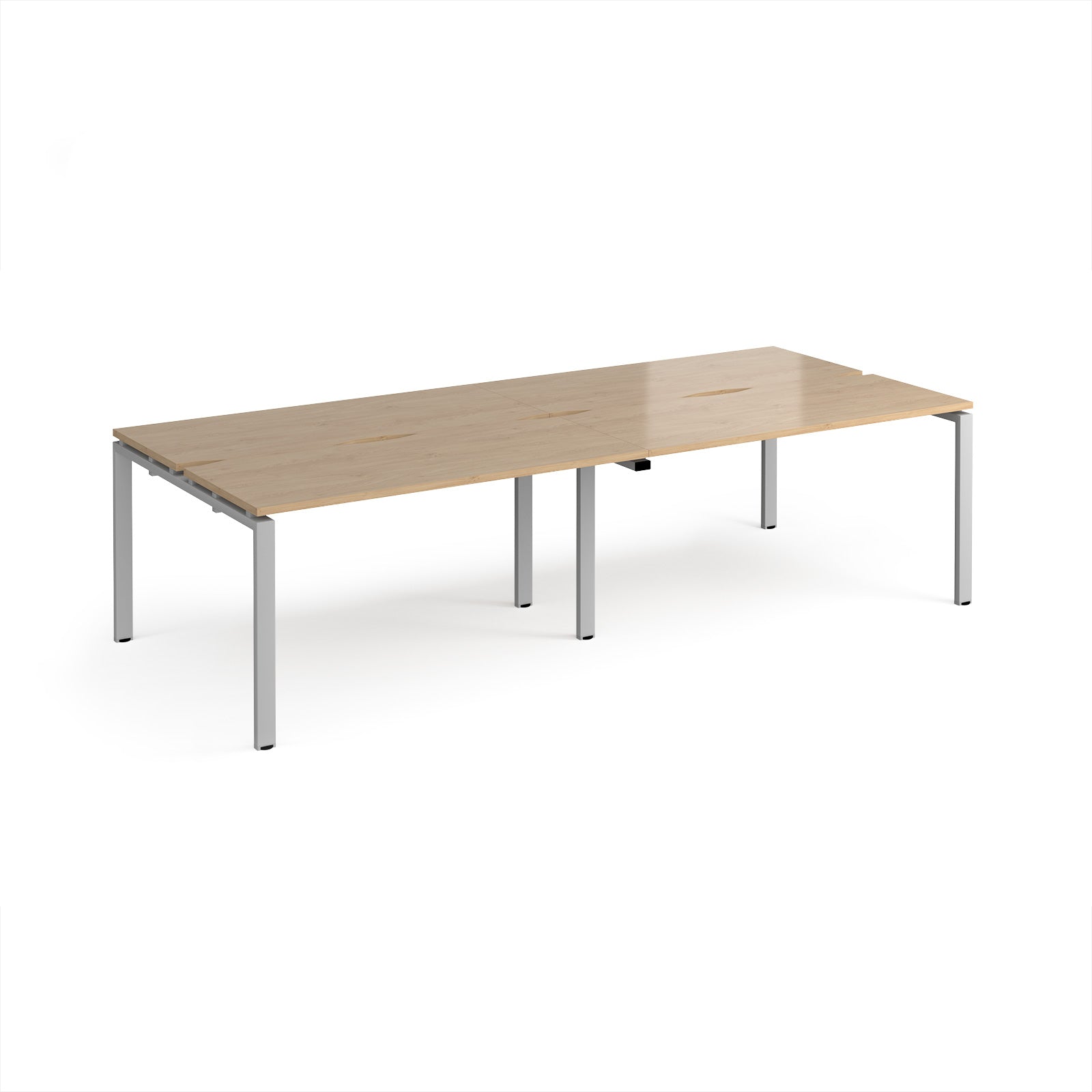 Four back-to-back desks with wood-effect tops and silver metal frame on a white background