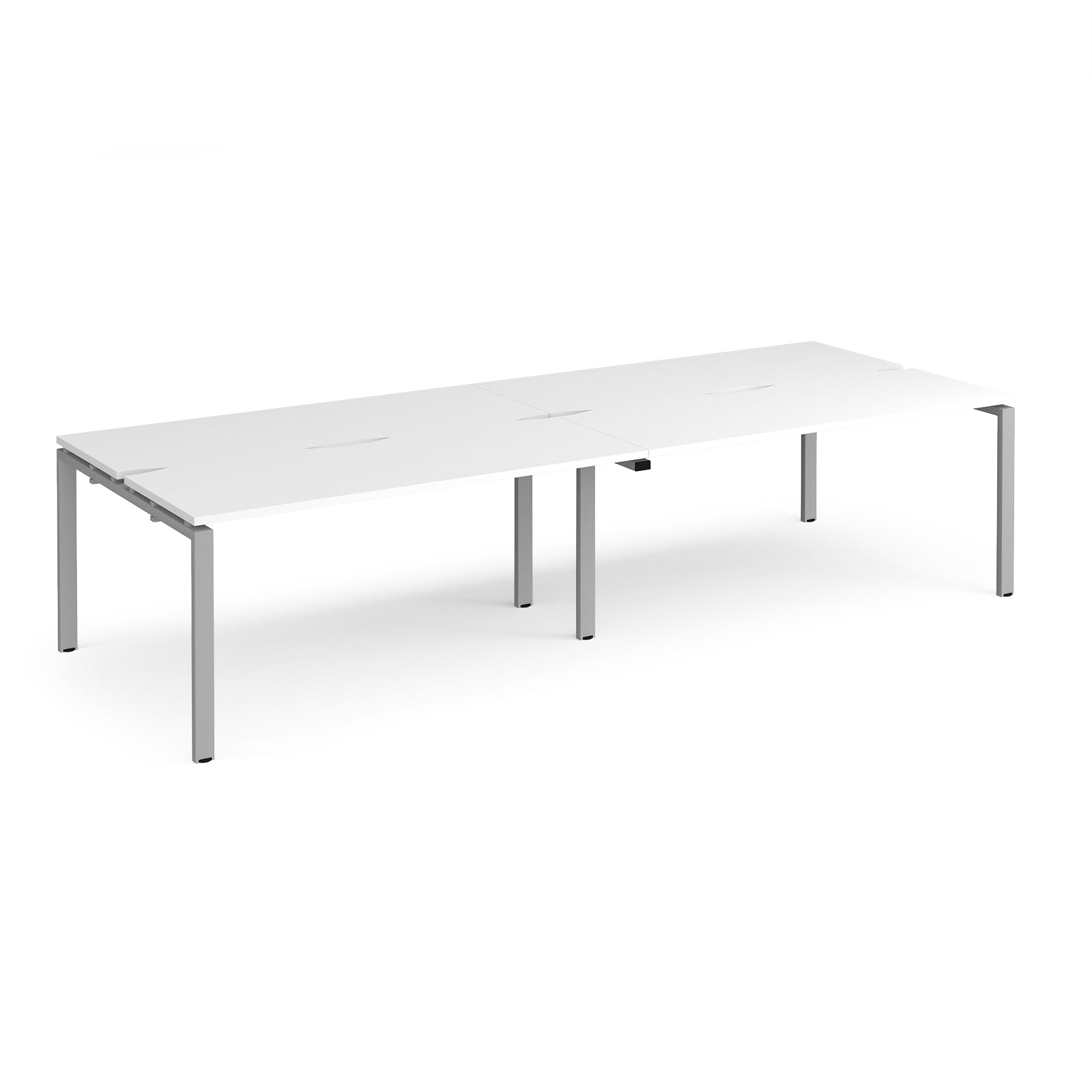 Four back-to-back desks with white tops and silver metal frame on a white background