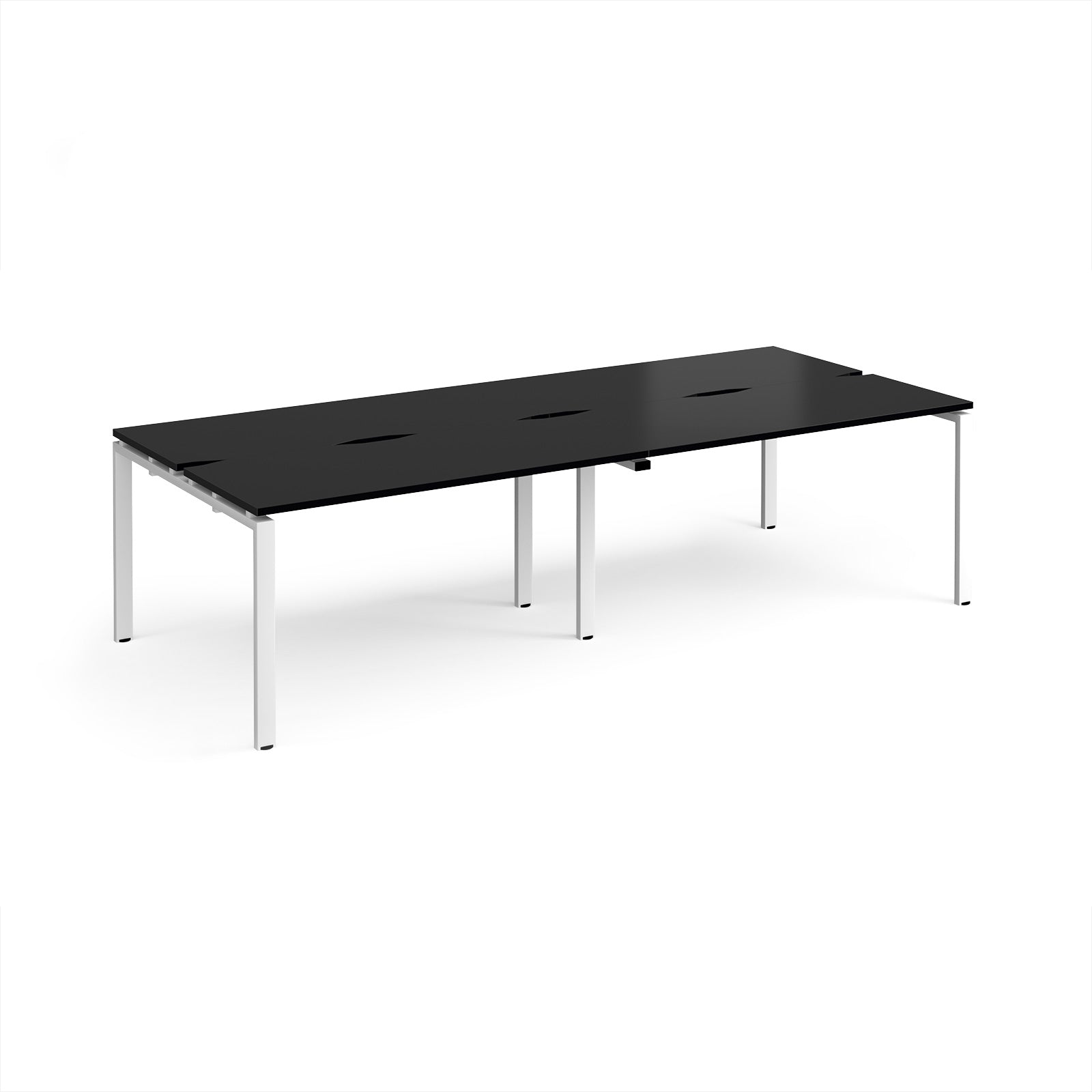 Four back-to-back desks with black  tops and white metal frame on a white background