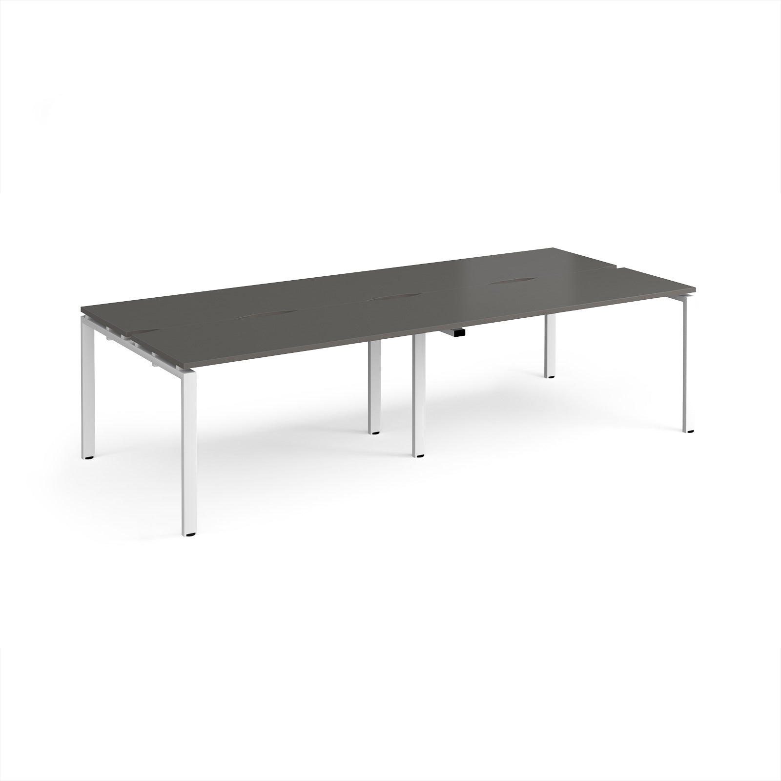 Four back-to-back desks with grey tops and white metal frame on a white background
