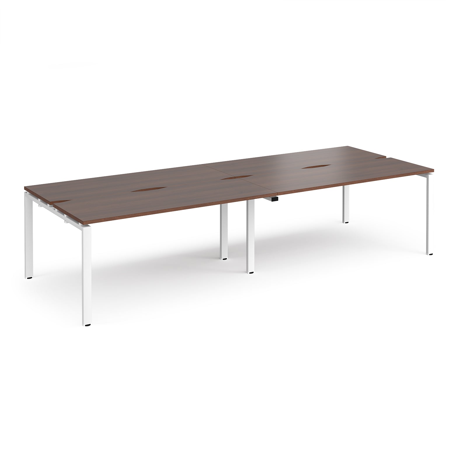 Four back-to-back desks with wood-effect tops and white metal frame on a white background