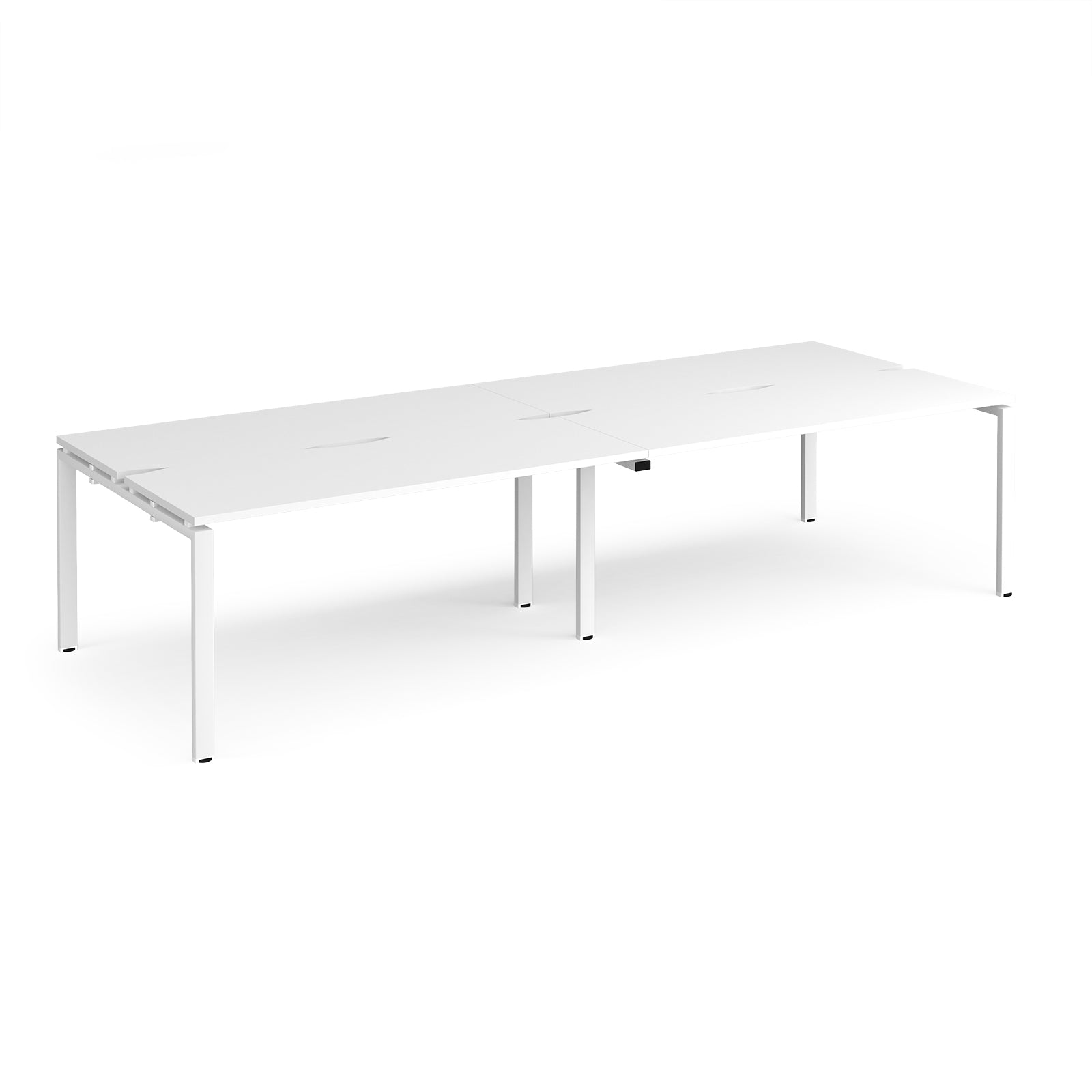 Four white back-to-back desks with metal frame on a white background