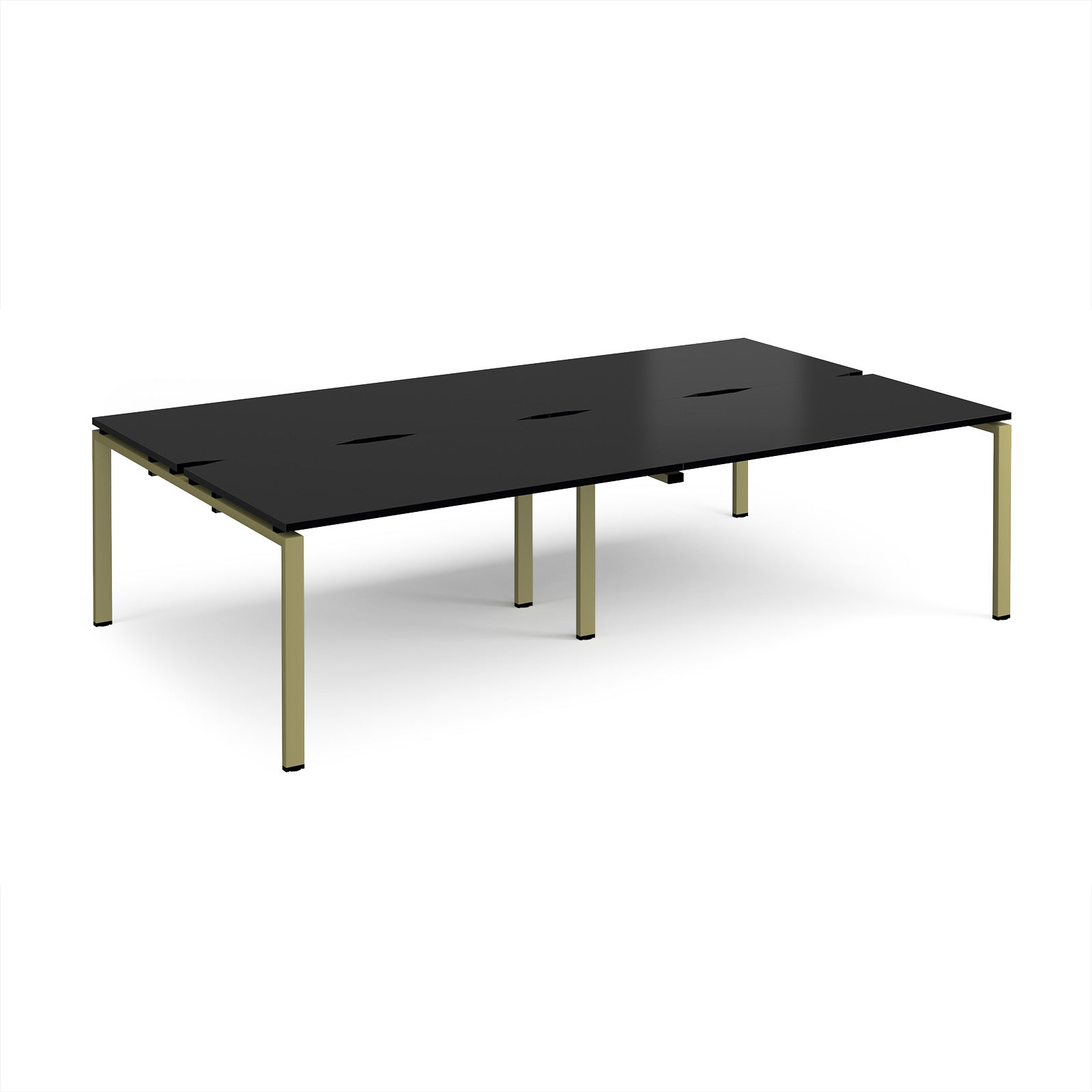 Four back-to-back desks with black tops and green metal frame on a white background