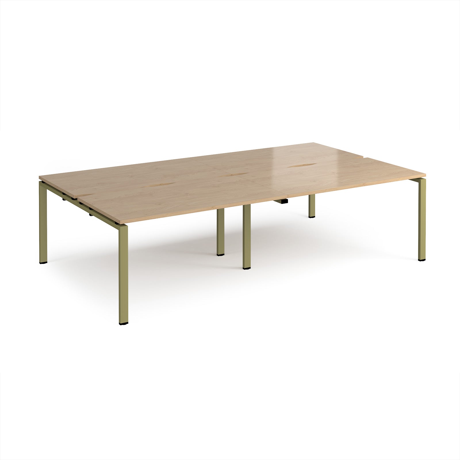 Four back-to-back desks with wood-effect tops and green metal frame on a white background