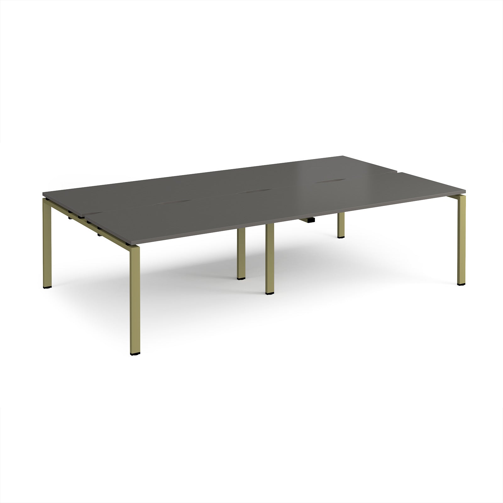 Four back-to-back desks with grey tops and green metal frame on a white background