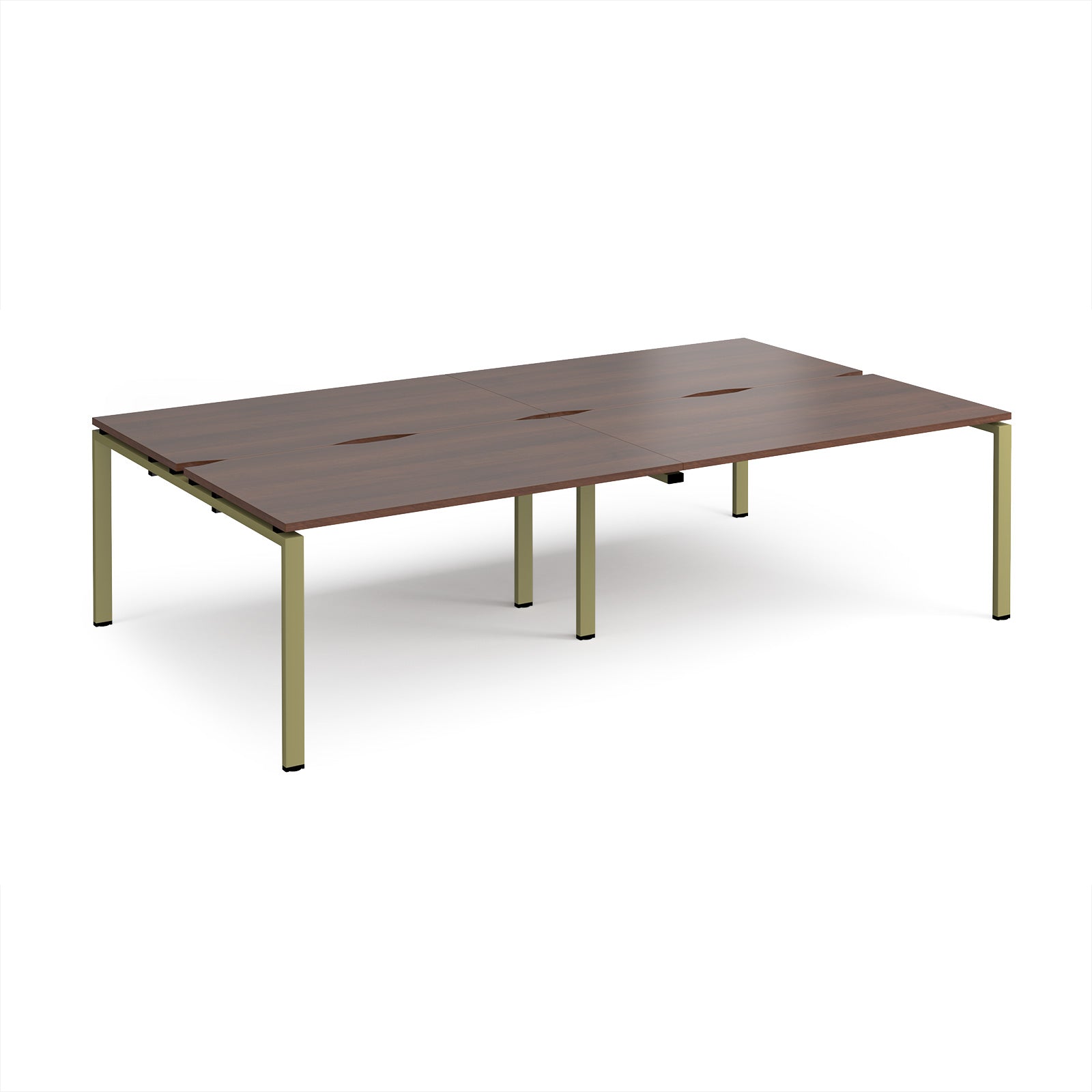 Four back-to-back desks with wood-effect tops and green metal frame on a white background