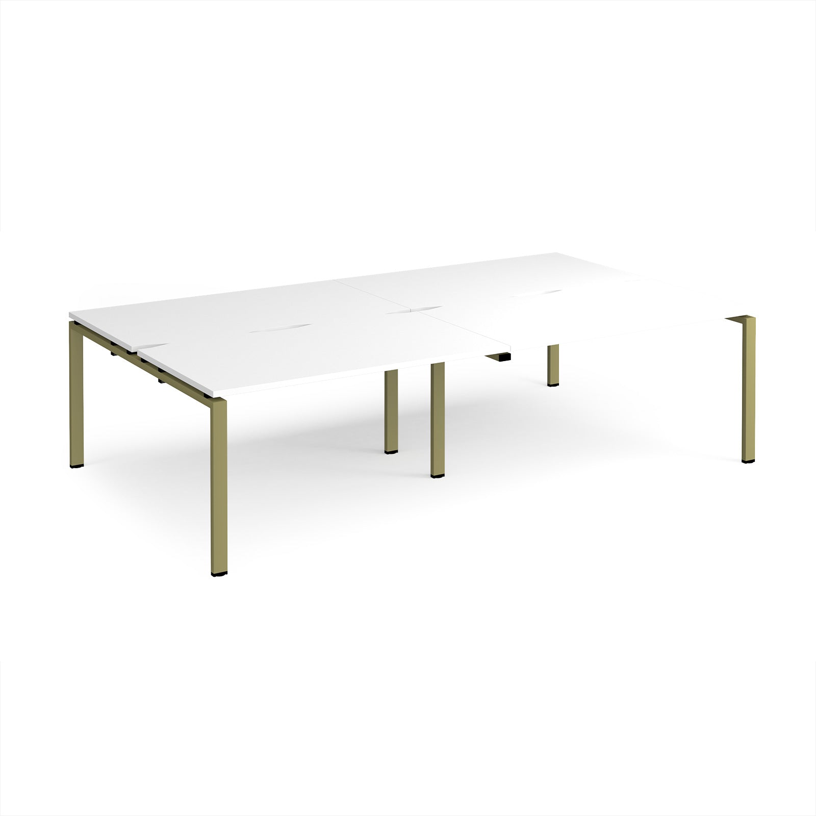 Four back-to-back desks with white tops and green metal frame on a white background
