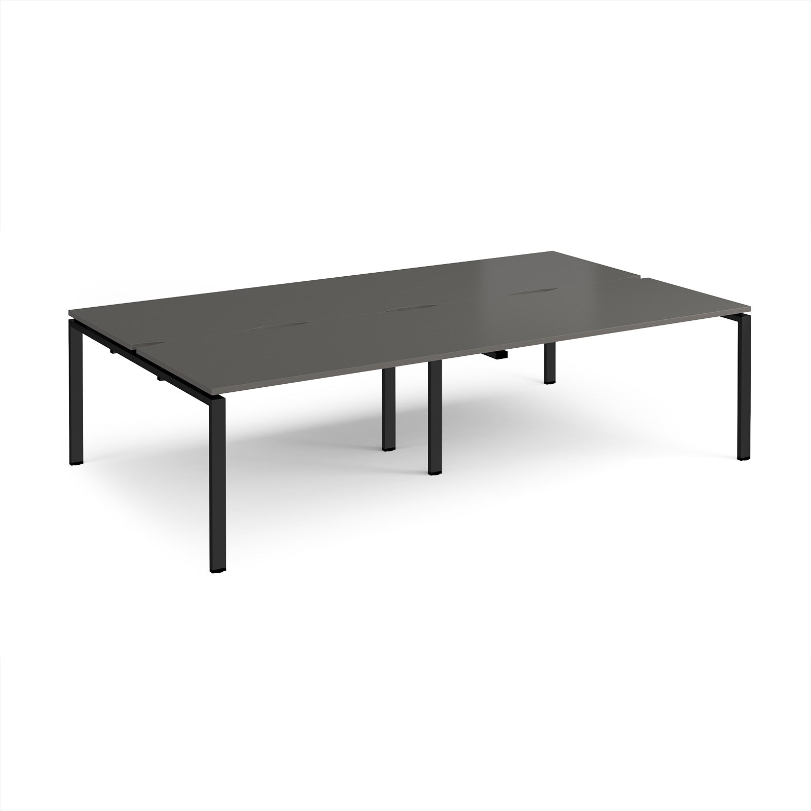 Four back-to-back desks with grey tops and black metal frame on a white background