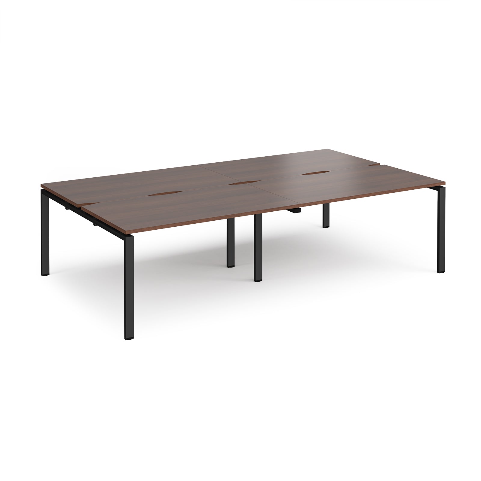 Four back-to-back desks with wood-effect tops and black metal frame on a white background
