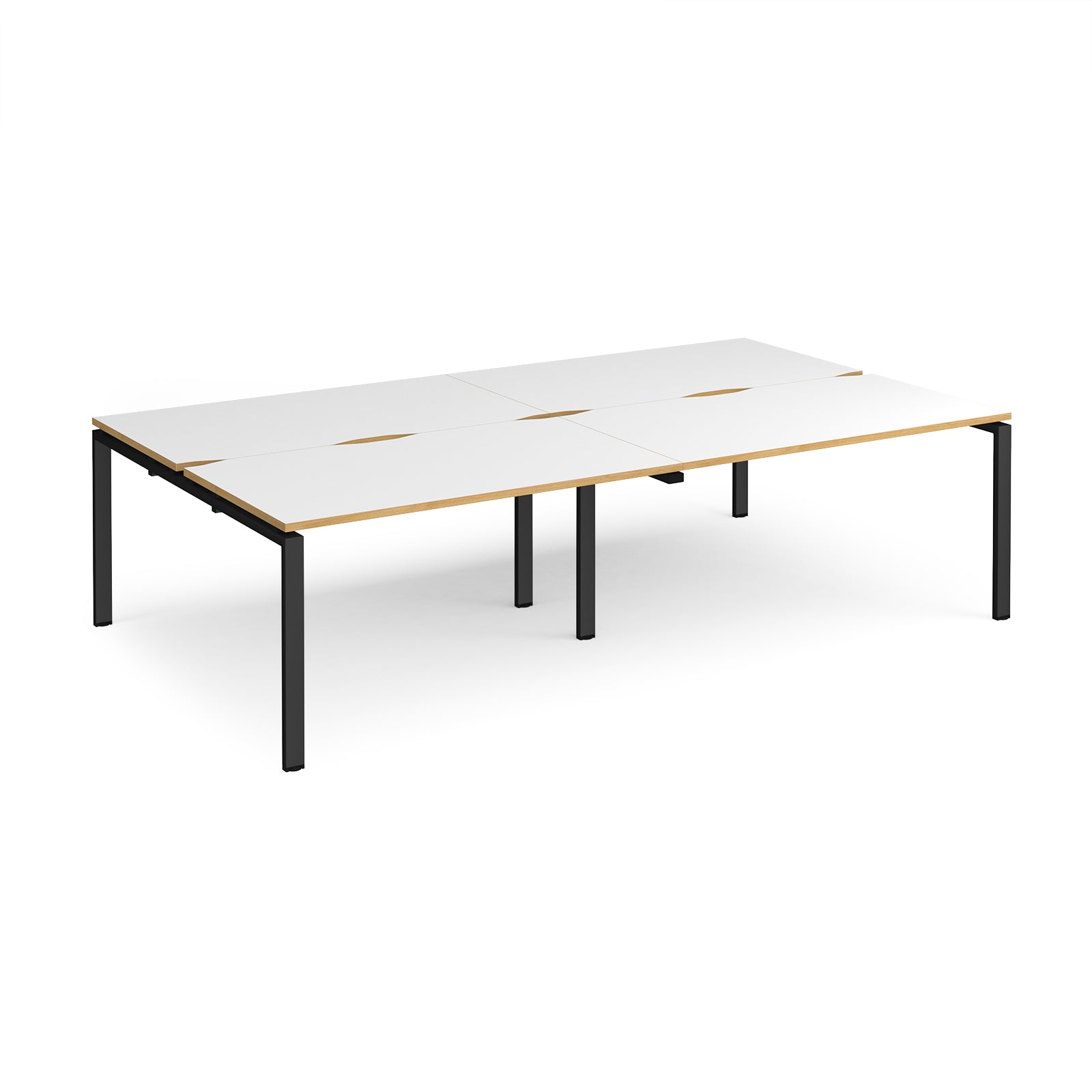 Four back-to-back desks with white tops with wooden edges and black metal frame on a white background