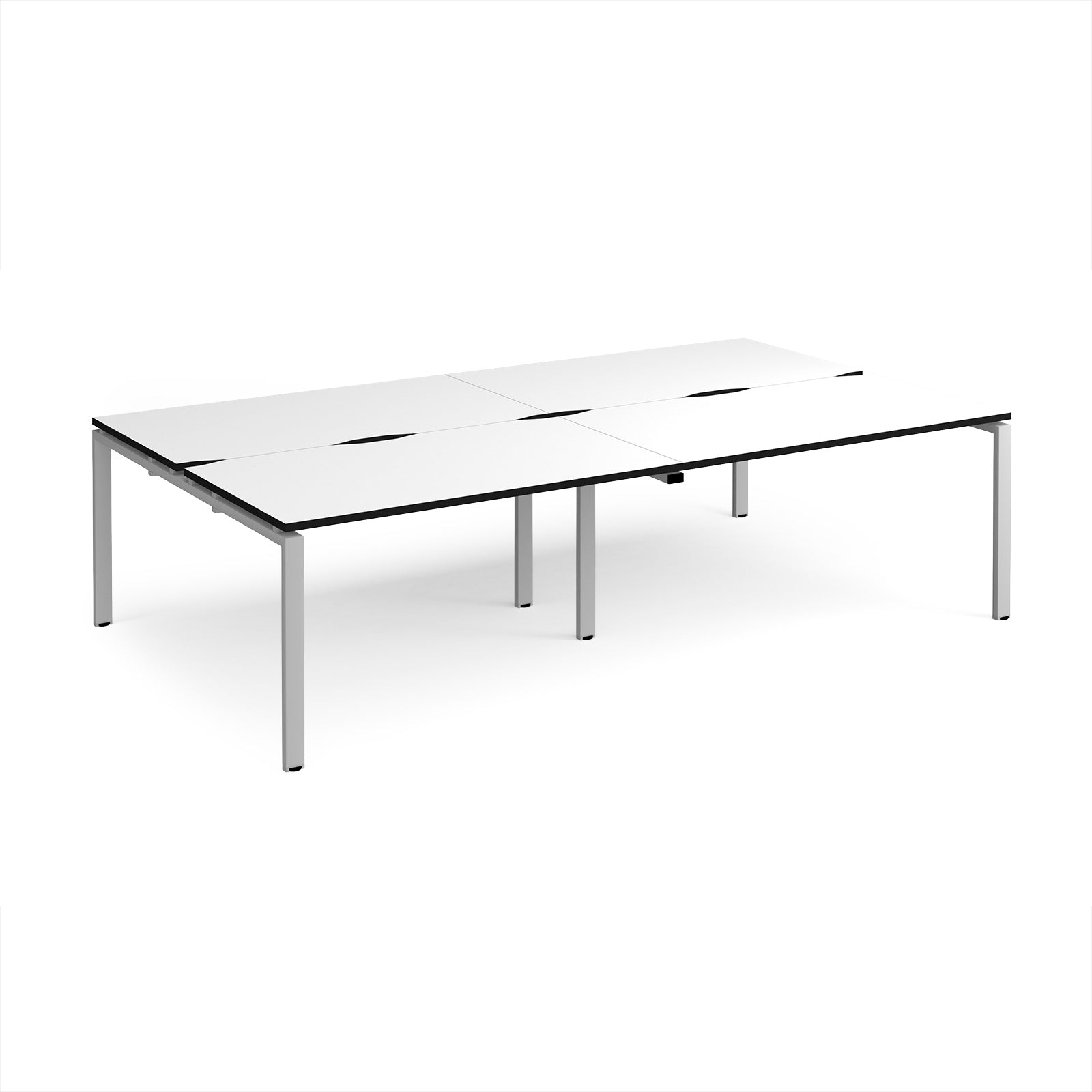 Four back-to-back desks with white tops with black edges and silver metal frame on a white background