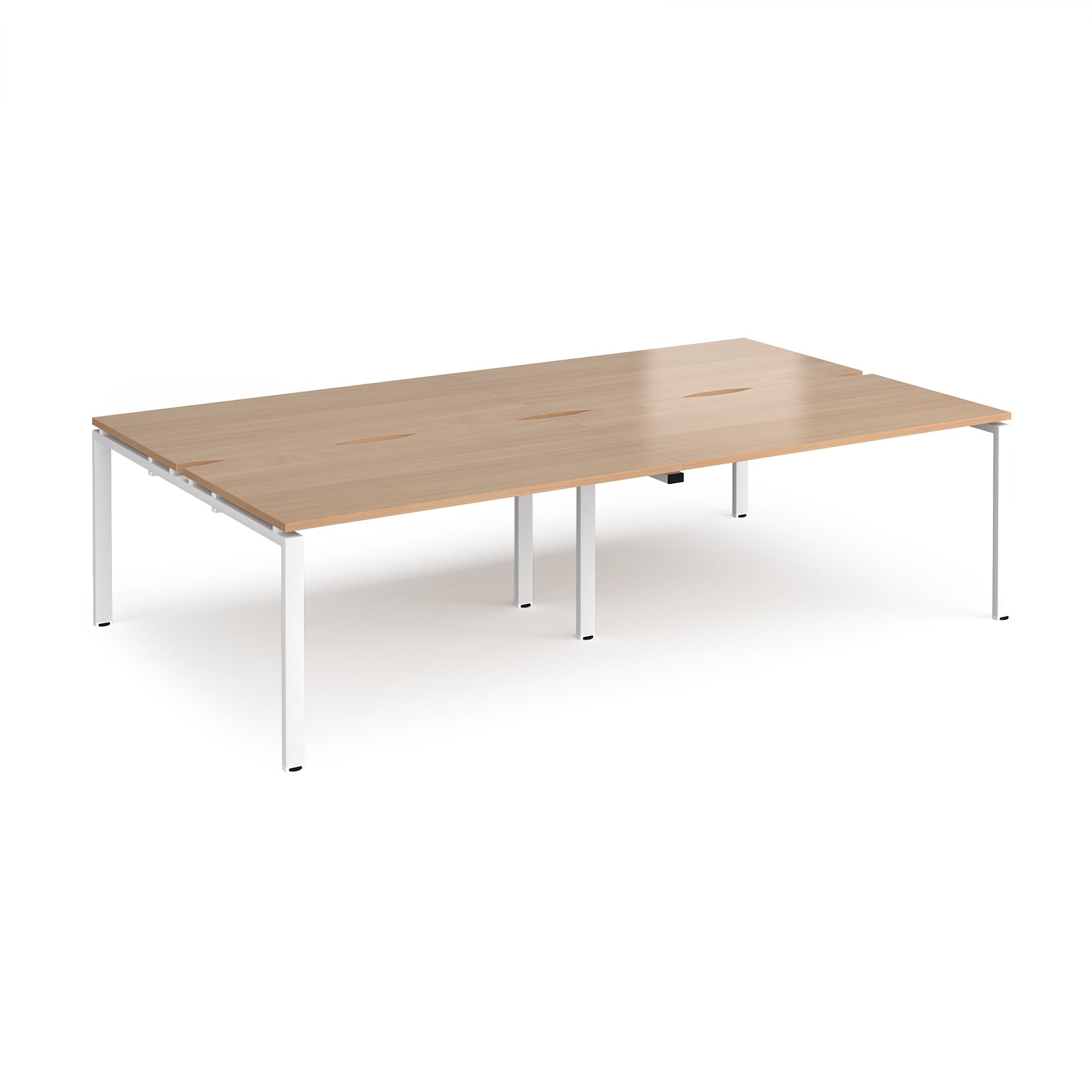 Four back-to-back desks with wood-effect tops and white metal frame on a white background