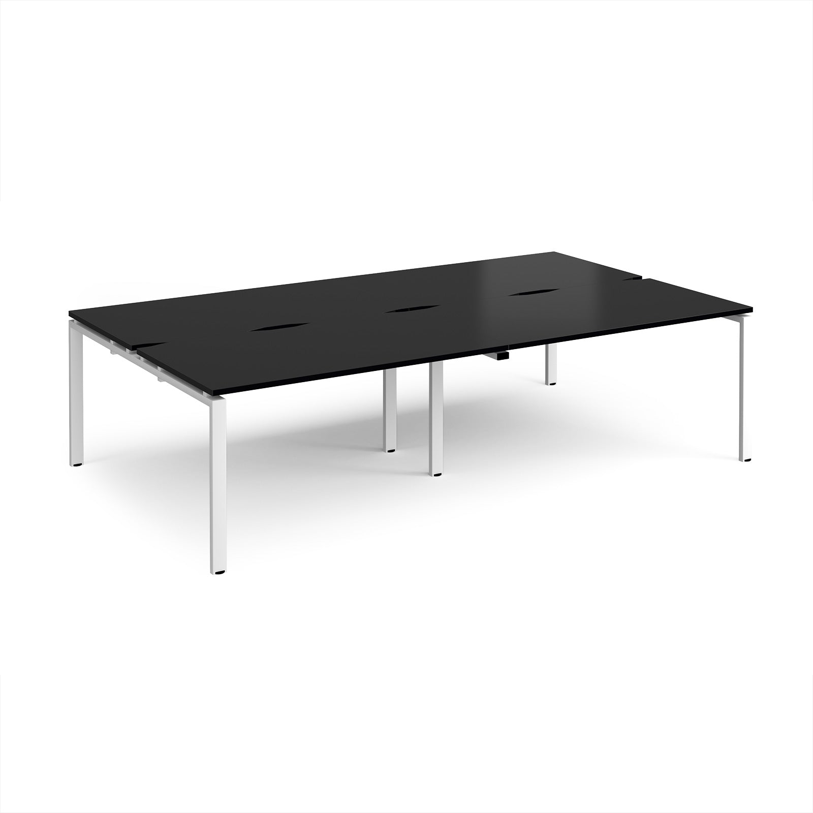 Four back-to-back desks with black tops and white metal frame on a white background