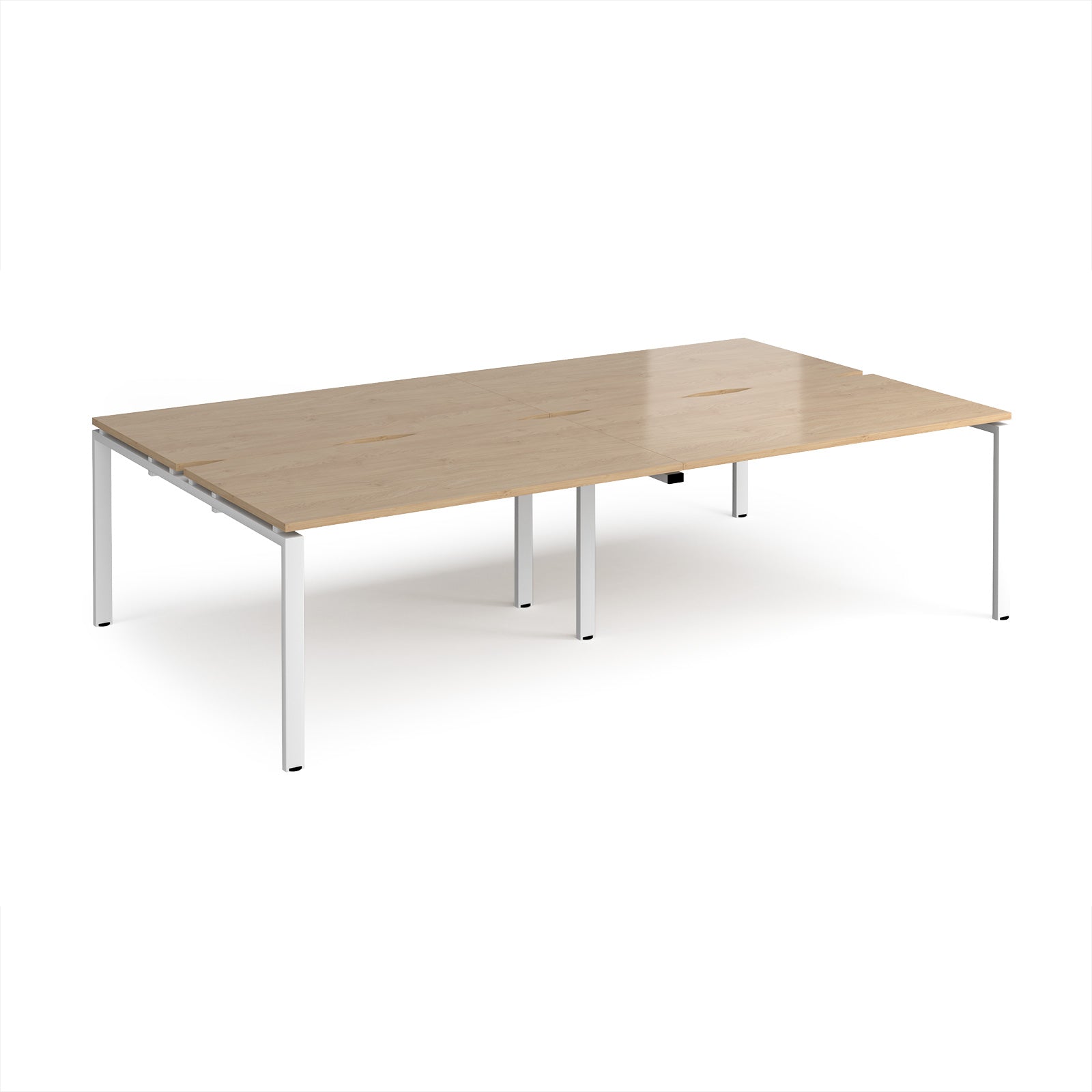 Four back-to-back desks with wood-effect tops and white metal frame on a white background