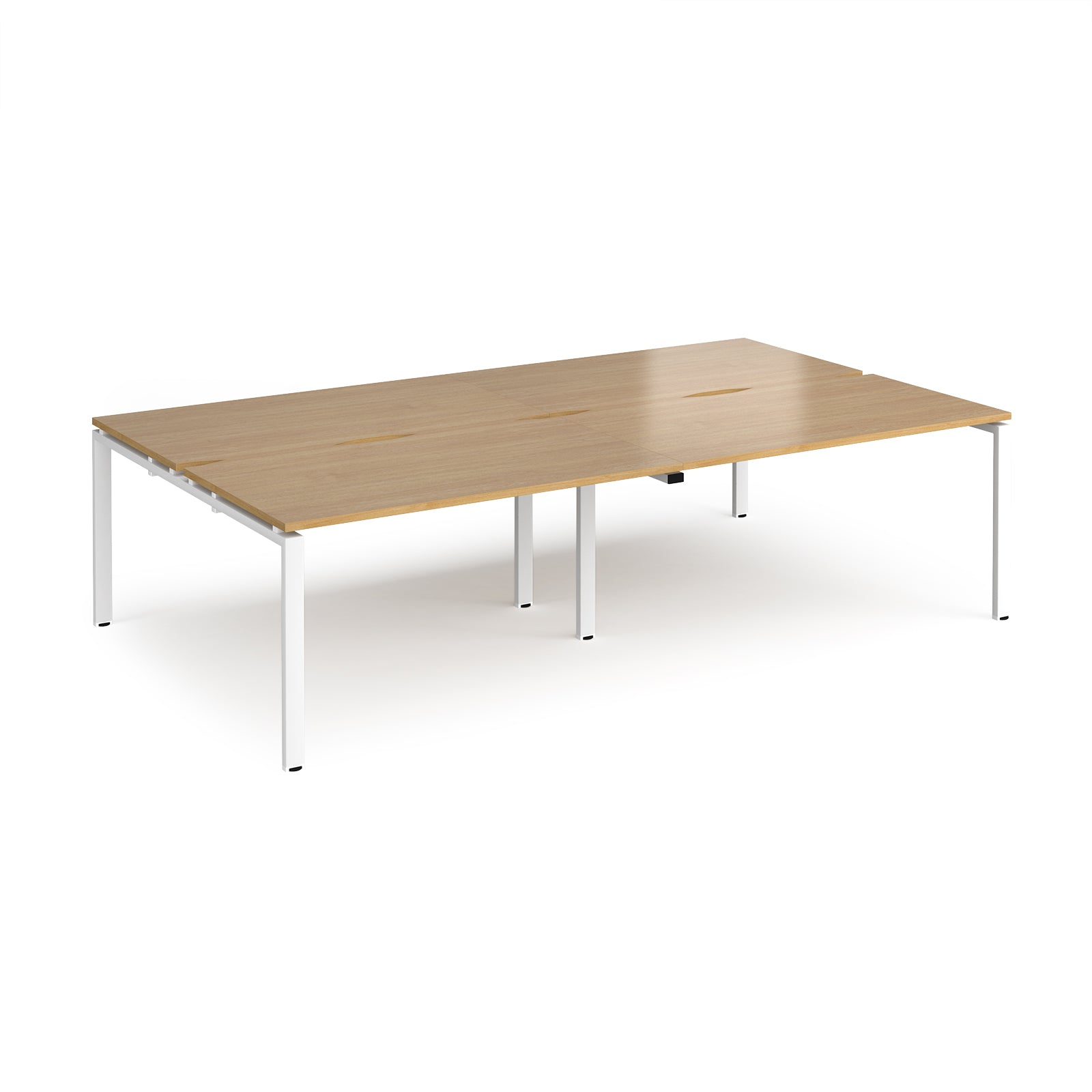 Four back-to-back desks with wood-effect tops and white metal frame on a white background