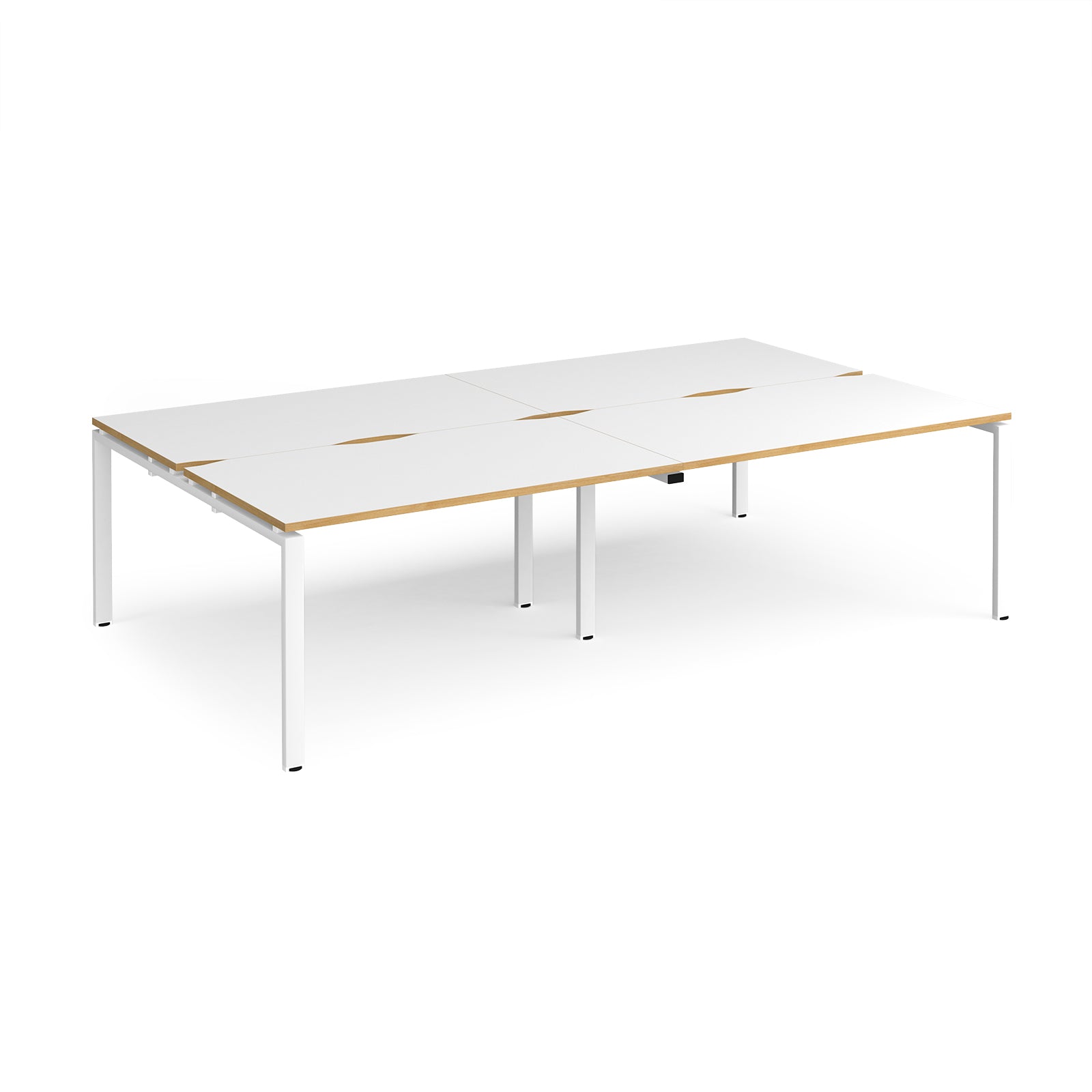 Four back-to-back desks with white tops with wooden edges and white metal frame on a white background