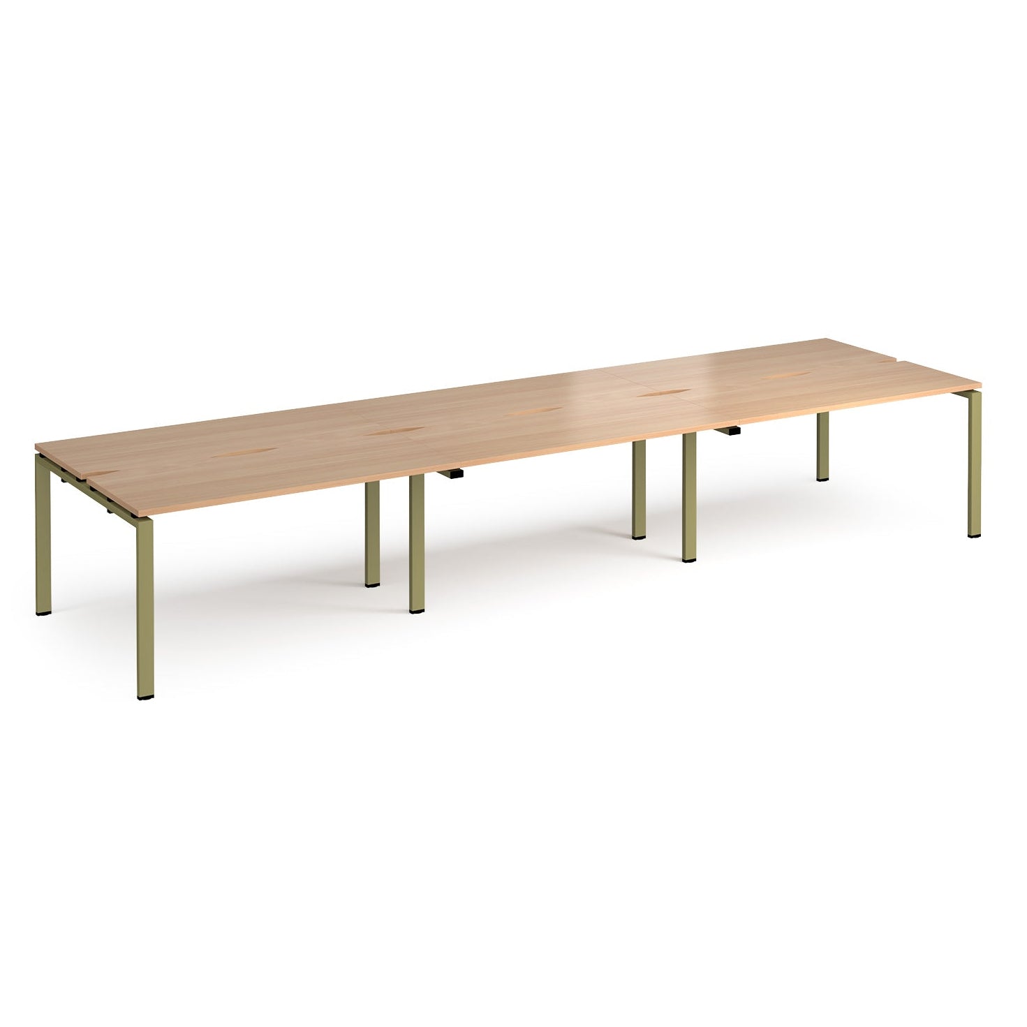 Long back-to-back desk with wood-effect top and green metal frame on a white background