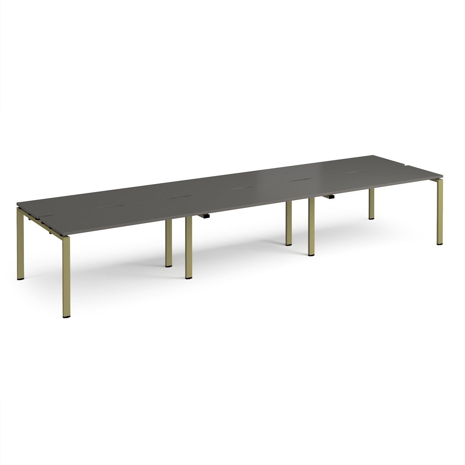 Long back-to-back desk with grey top and green metal frame on a white background
