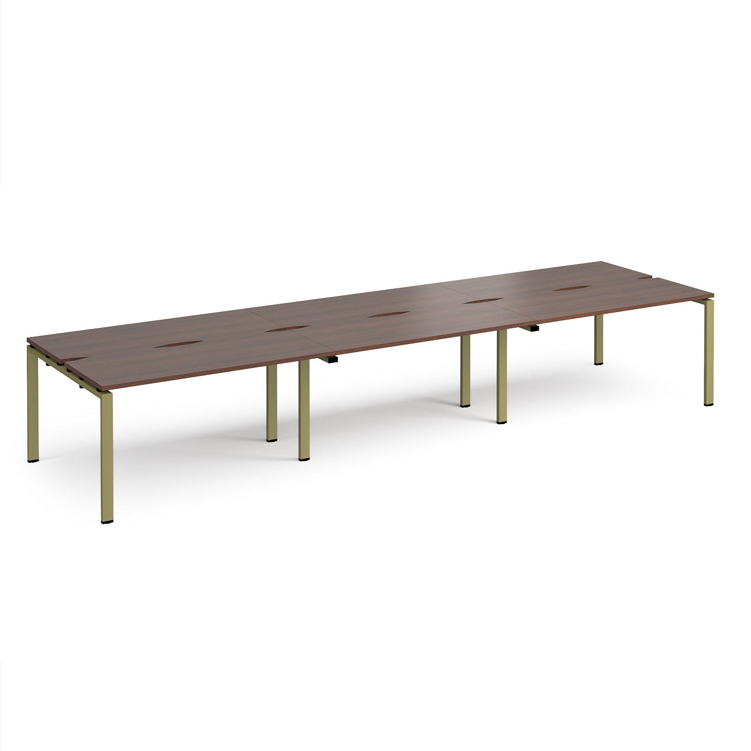 Long back-to-back desk with wood-effect top and green metal frame on a white background