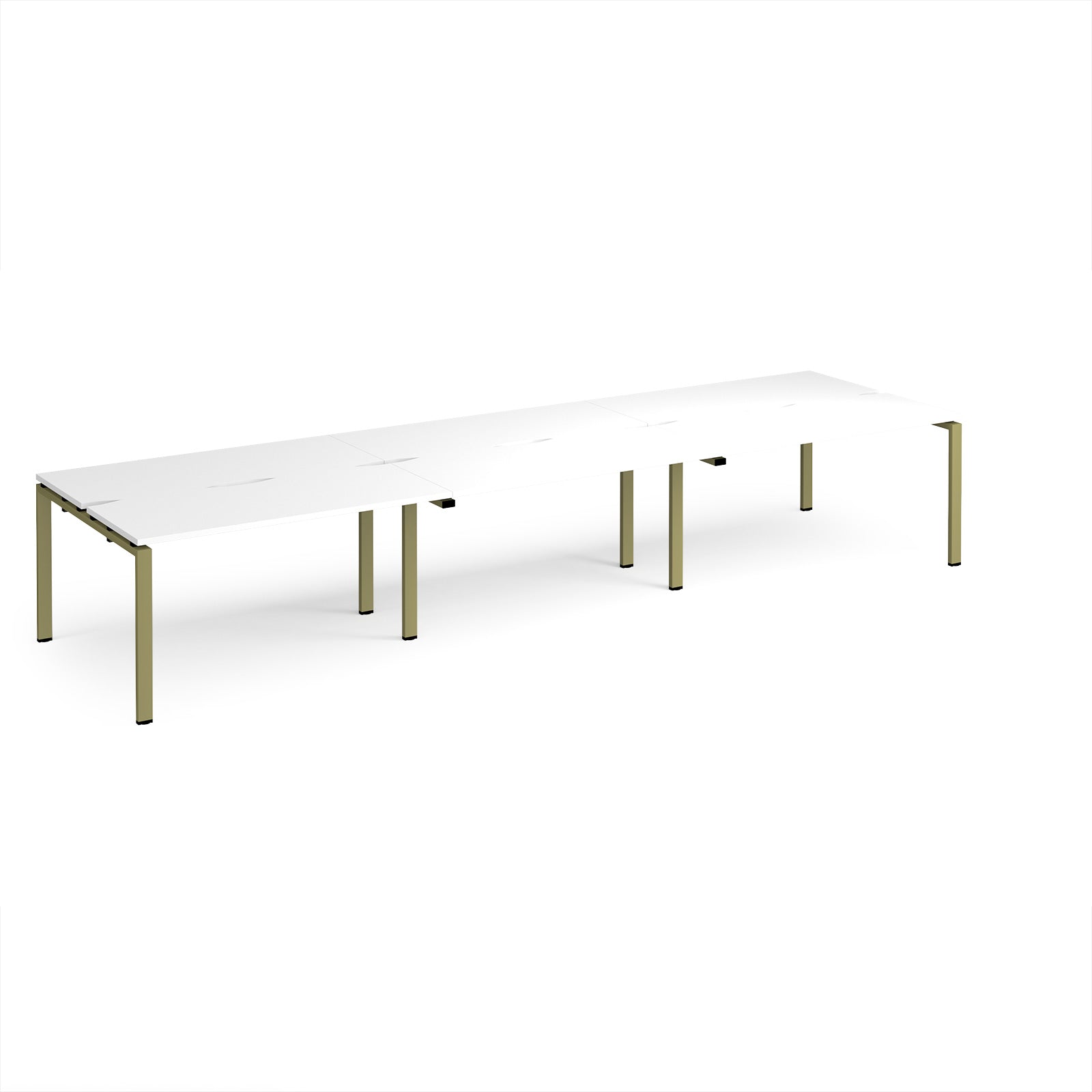 Long back-to-back desk with white top and green metal frame on a white background