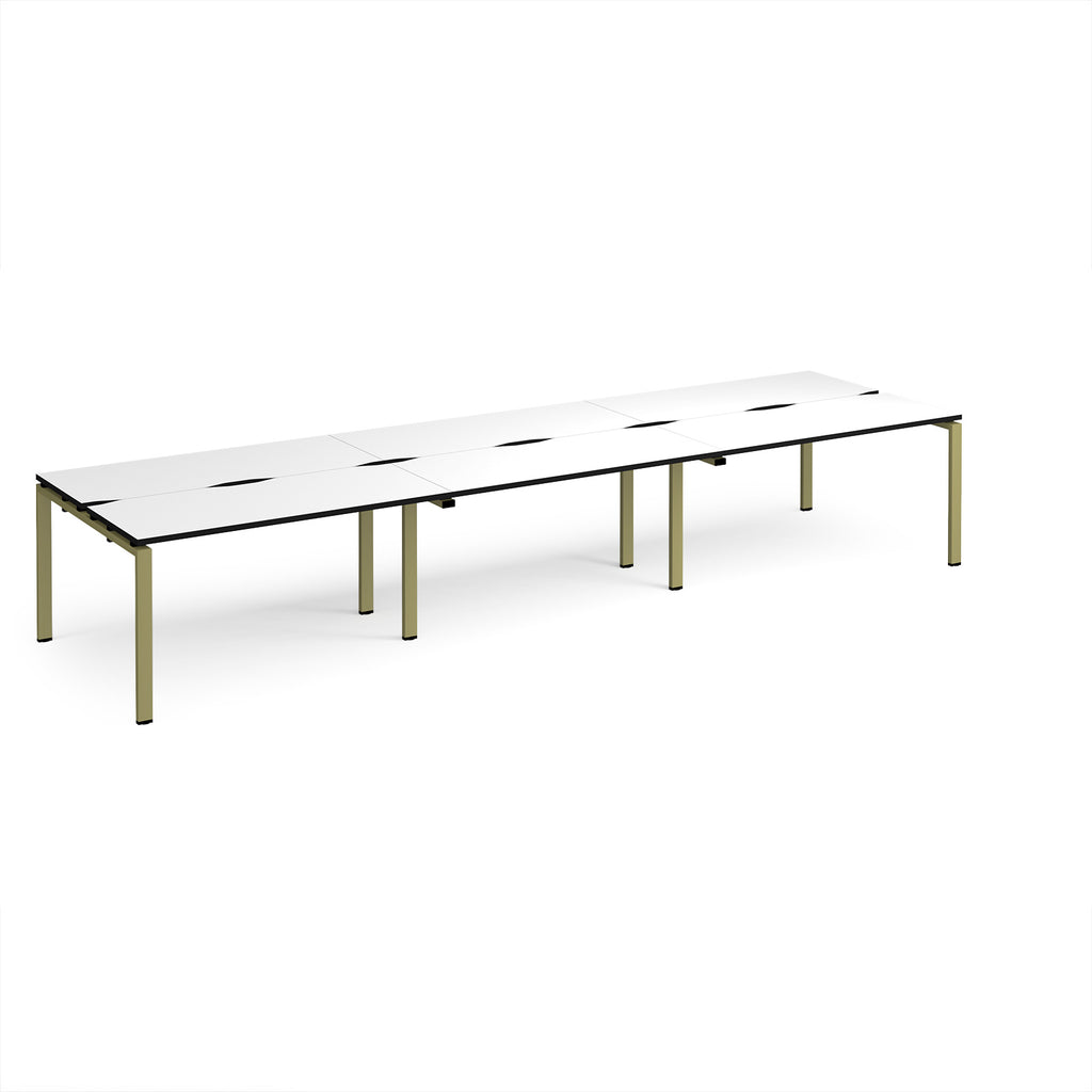 Long back-to-back desk with white top with black edges and green metal frame on a white background