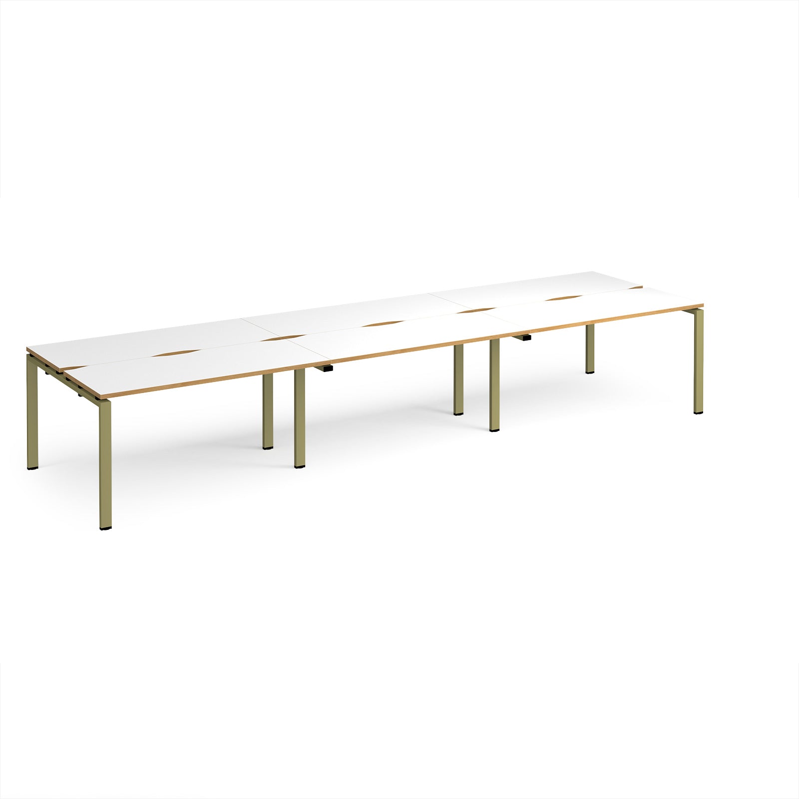 Long back-to-back desk with white top with wooden edges and green metal frame on a white background